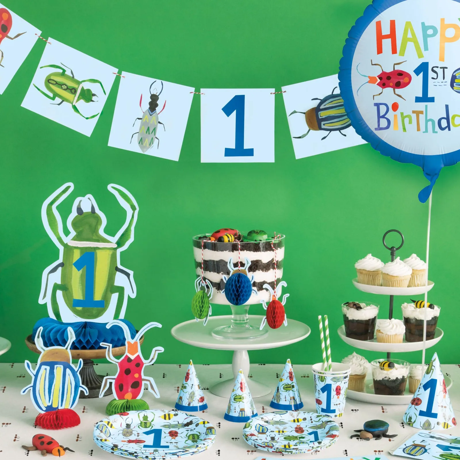 1st Birthday Blue Bug Dessert Party Pack - Plates, Napkins, Cups, Table Cover (Serves 16)