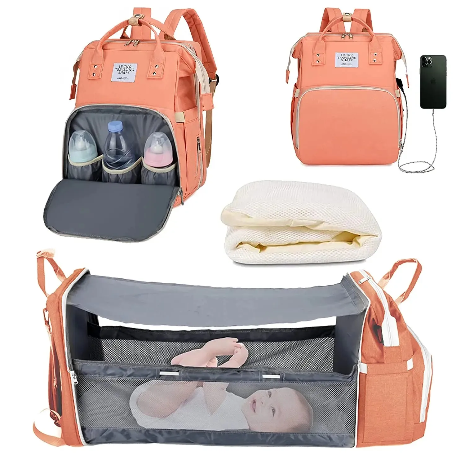 3 In 1 Diaper Bag Backpack Foldable Baby Bed Waterproof Travel Bag with USB Charge Diaper Bag Backpack with Changing Bed 3 types