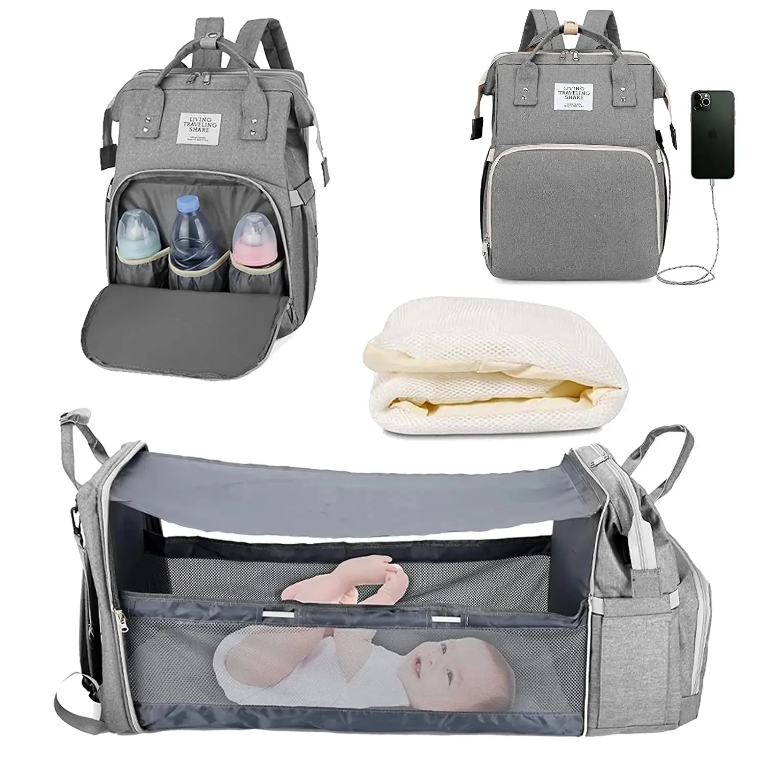 3 In 1 Diaper Bag Backpack Foldable Baby Bed Waterproof Travel Bag with USB Charge Diaper Bag Backpack with Changing Bed 3 types