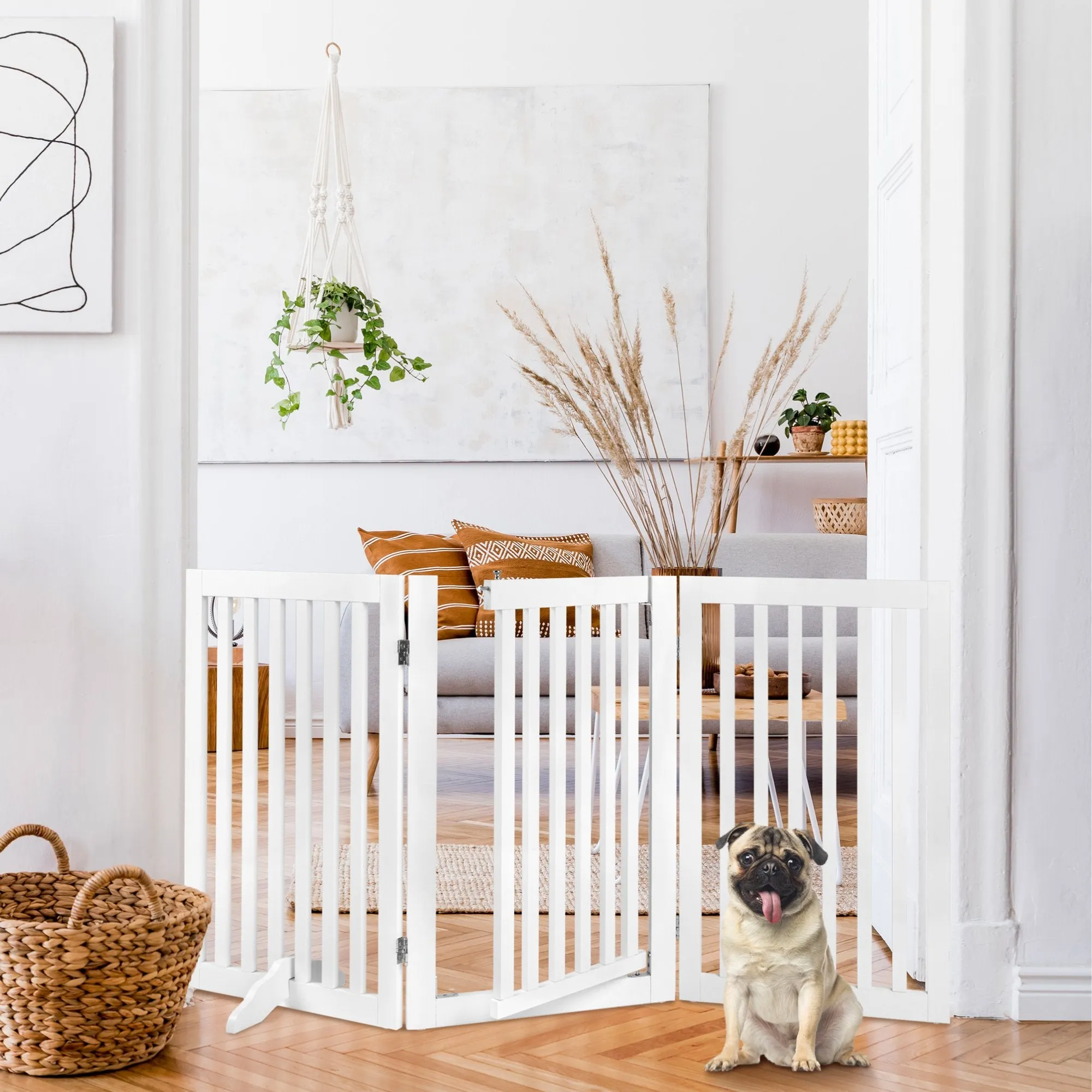 31.5in 3-Panel Freestanding Wooden Pet Gate w/ Door, Support Feet