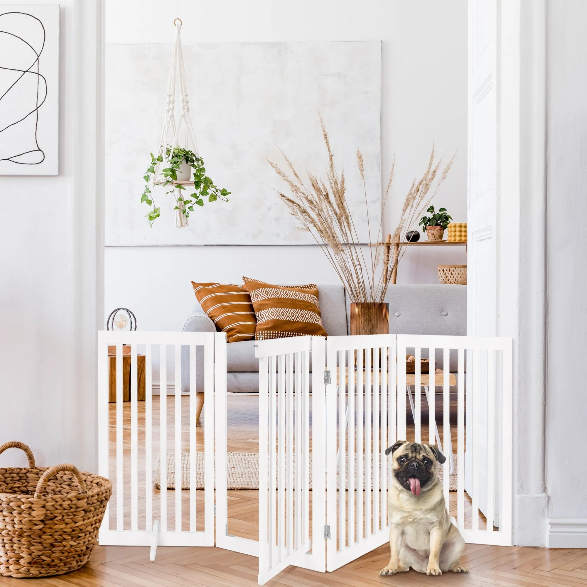 31.5in 4-Panel Freestanding Wooden Pet Gate w/ Door, Support Feet