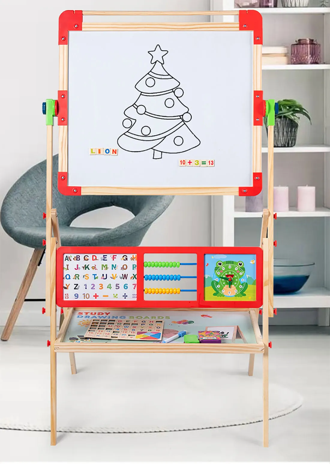 5 in 1 Kids Easel Art Children Whiteboard Blackboard Stand Wood Magnetic Drawing Board