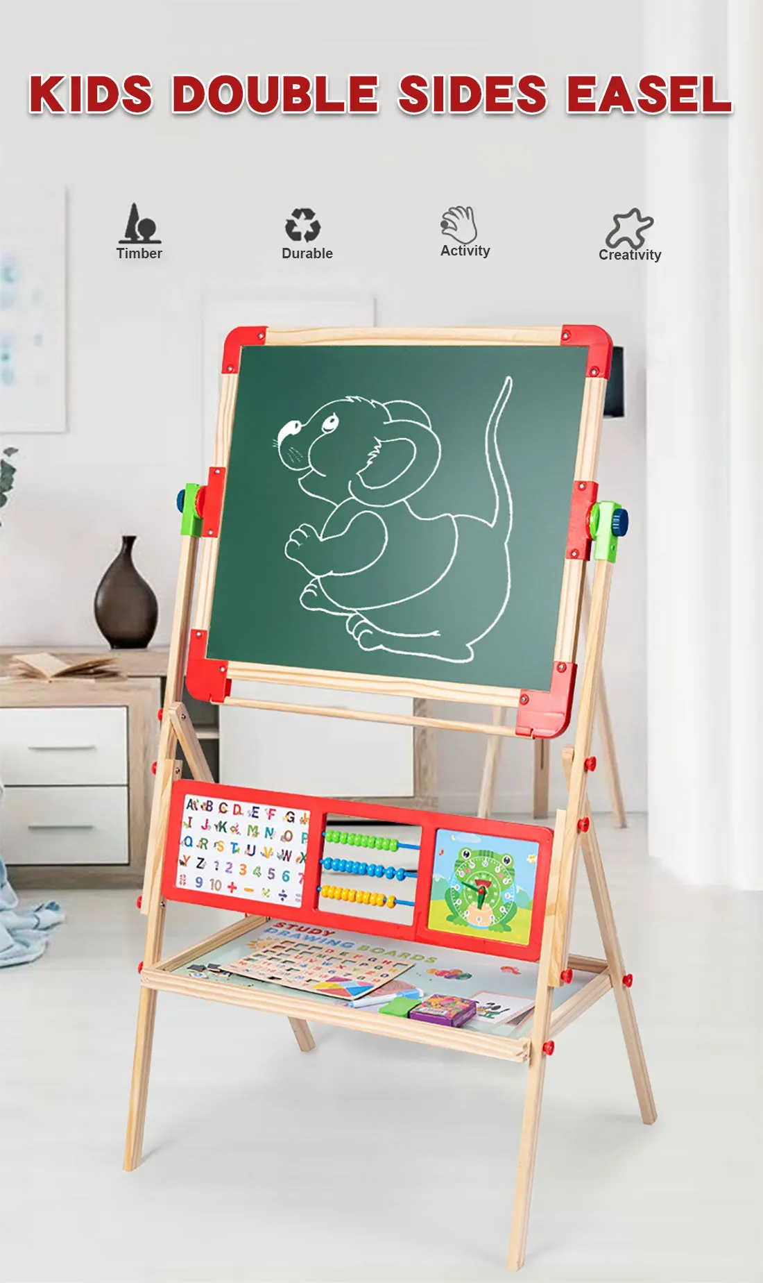 5 in 1 Kids Easel Art Children Whiteboard Blackboard Stand Wood Magnetic Drawing Board