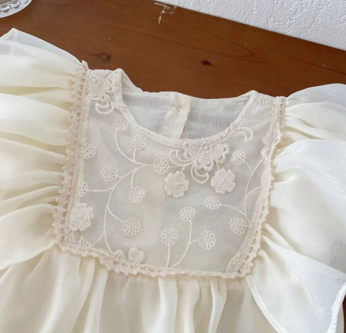 Baby Girls Romper - Ivory Ruffle with Lace Embroidered Bodice