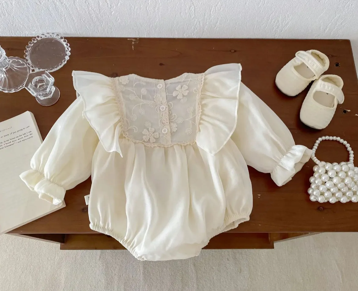 Baby Girls Romper - Ivory Ruffle with Lace Embroidered Bodice