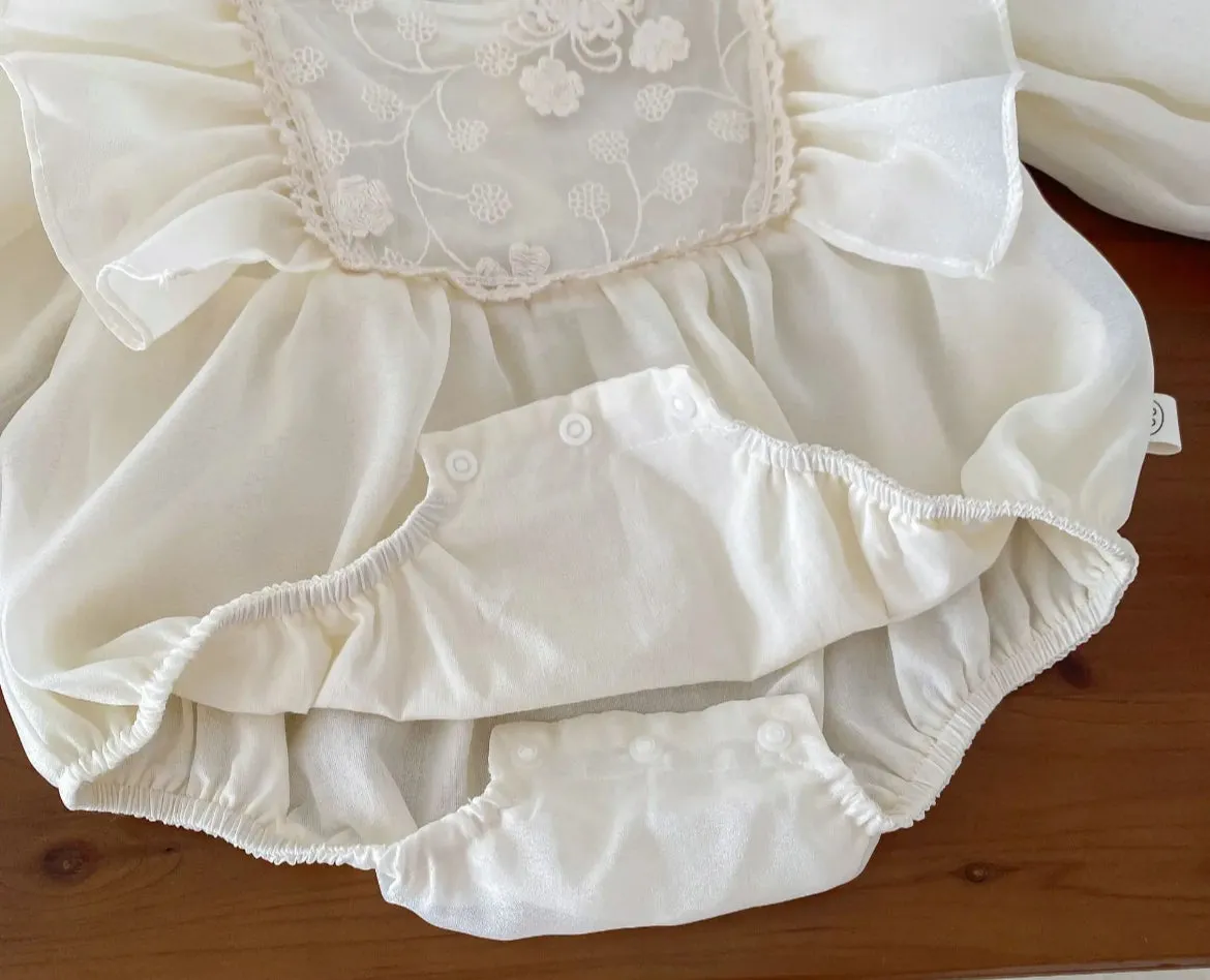 Baby Girls Romper - Ivory Ruffle with Lace Embroidered Bodice