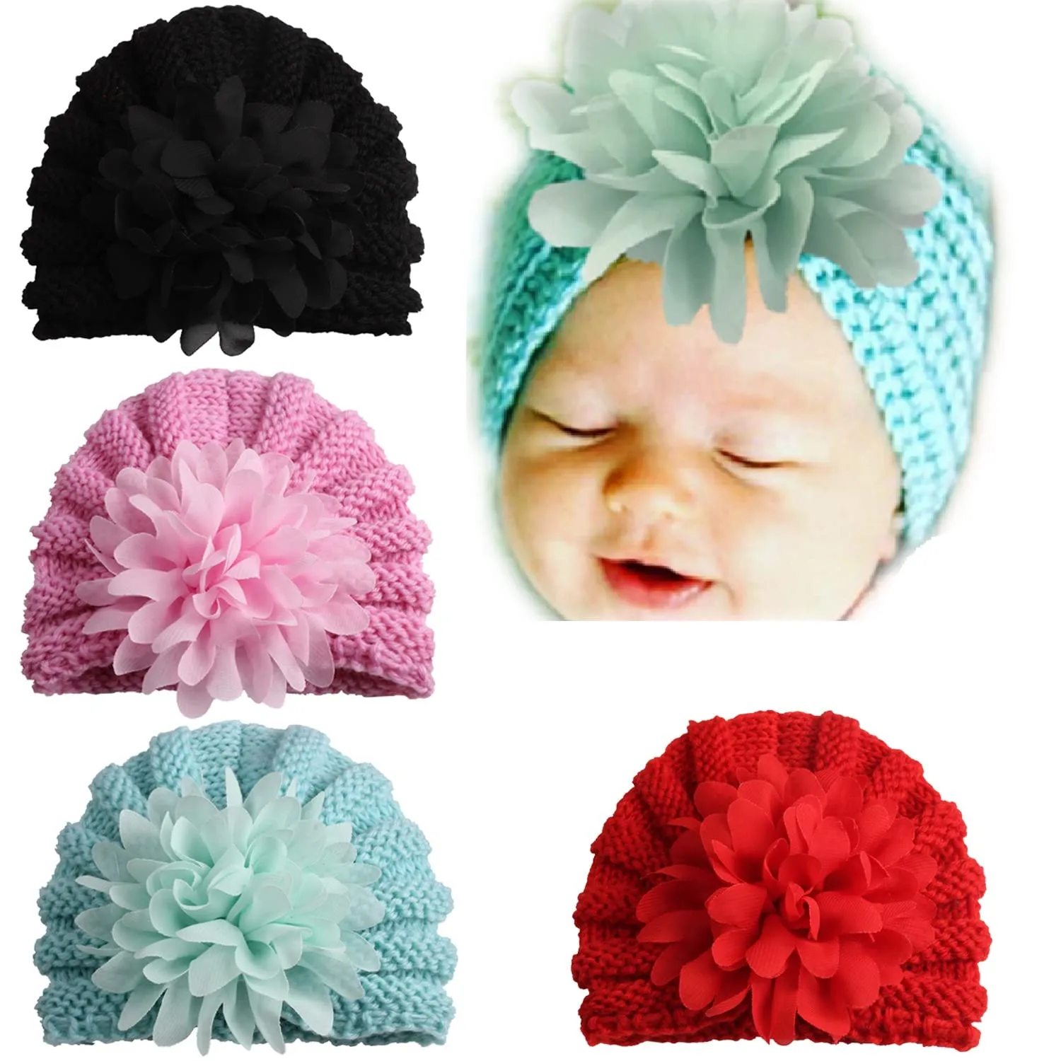 Babymoon Knit Flower Cap Newborn Photography Crochet Outfit Costume - Red