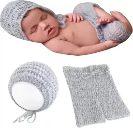 Babymoon Set of 2 | Bow Cap & Pent | Newborn Outfits| Baby Photography Props Costume | Grey