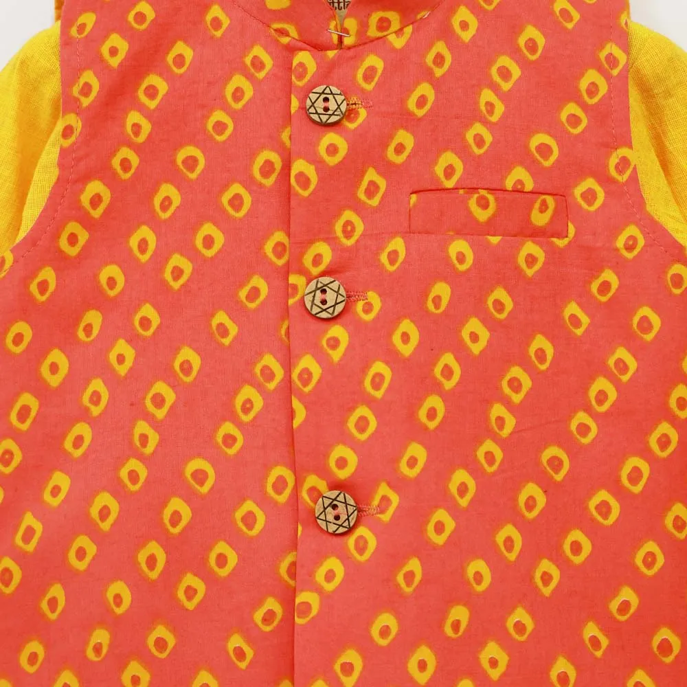 Bandhani Nehru Jacket With Yellow Kurta & Dhoti