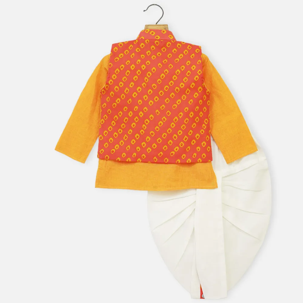 Bandhani Nehru Jacket With Yellow Kurta & Dhoti