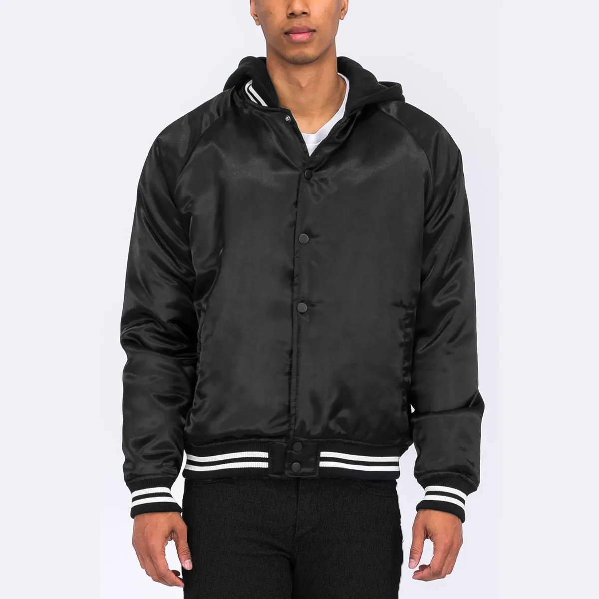 Black Satin Hooded Varsity Jacket