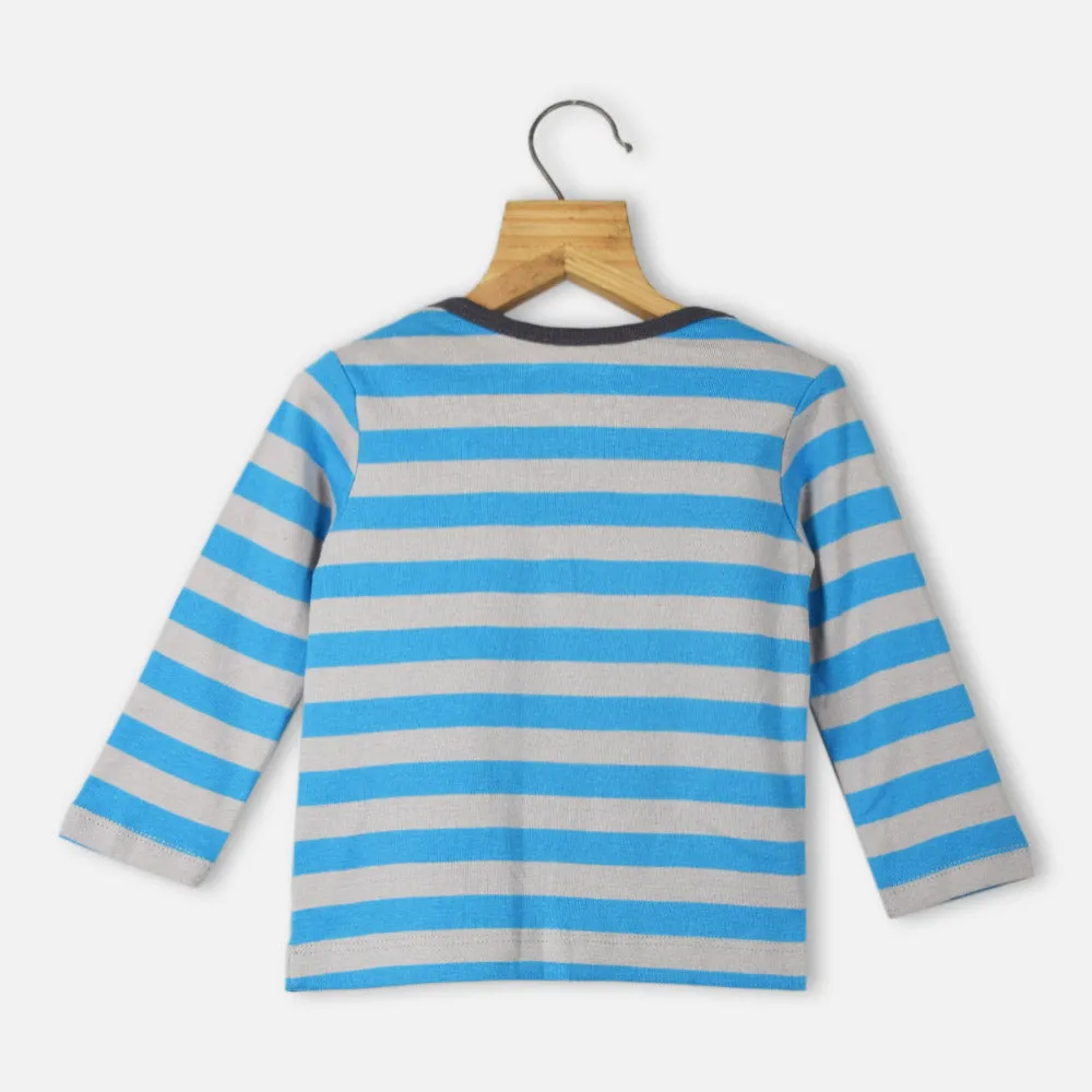 Blue Striped Full Sleeves Cotton Baby Clothing Set- 3 Pieces