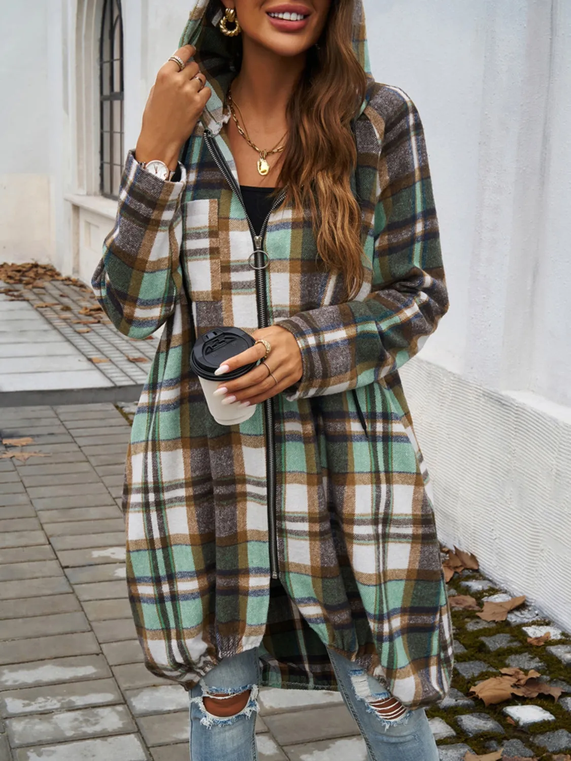 Devine Plaid Zip Up Hooded Coat