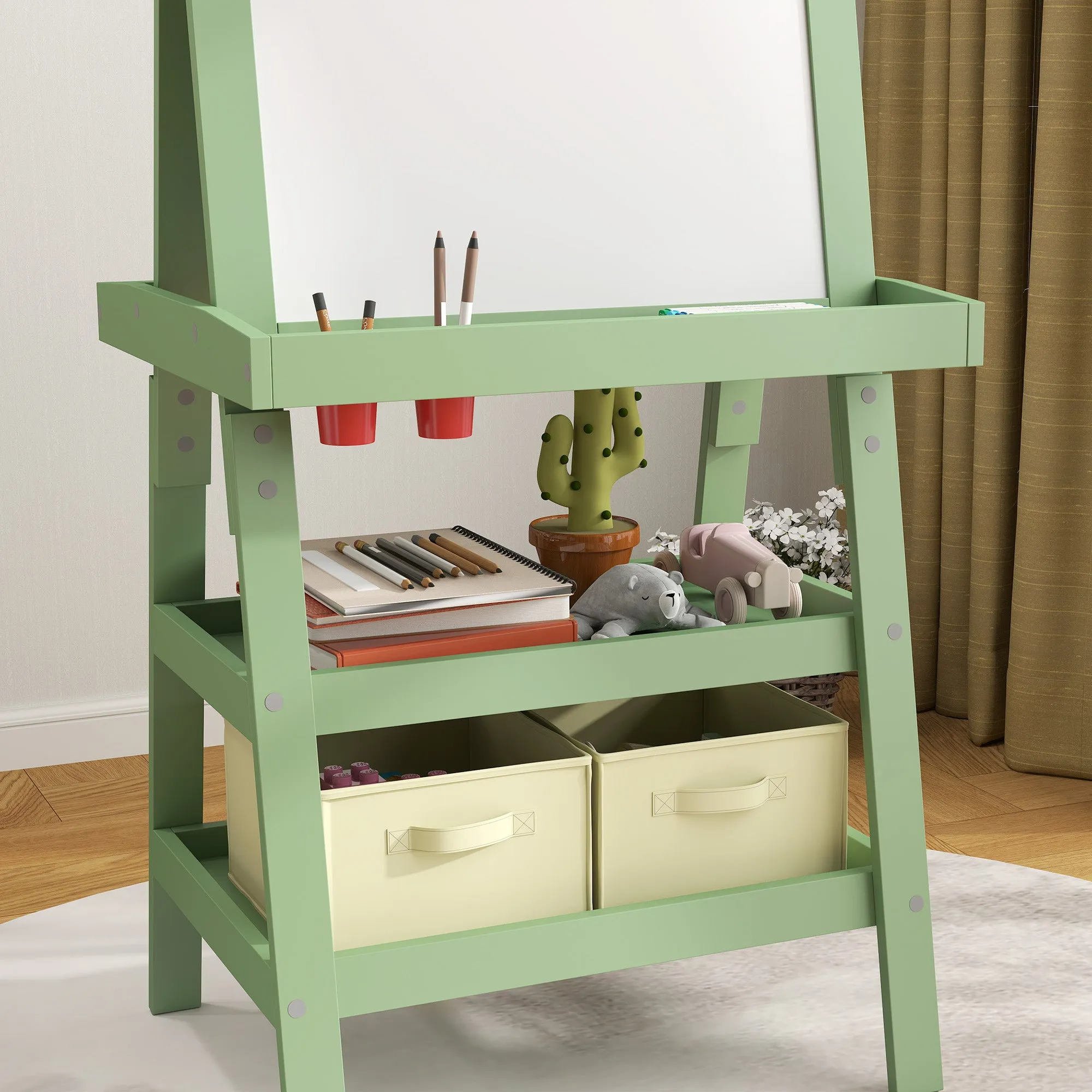 Double-Sided Art Easel for Kids w/ Paper Roll, Storage Baskets Green