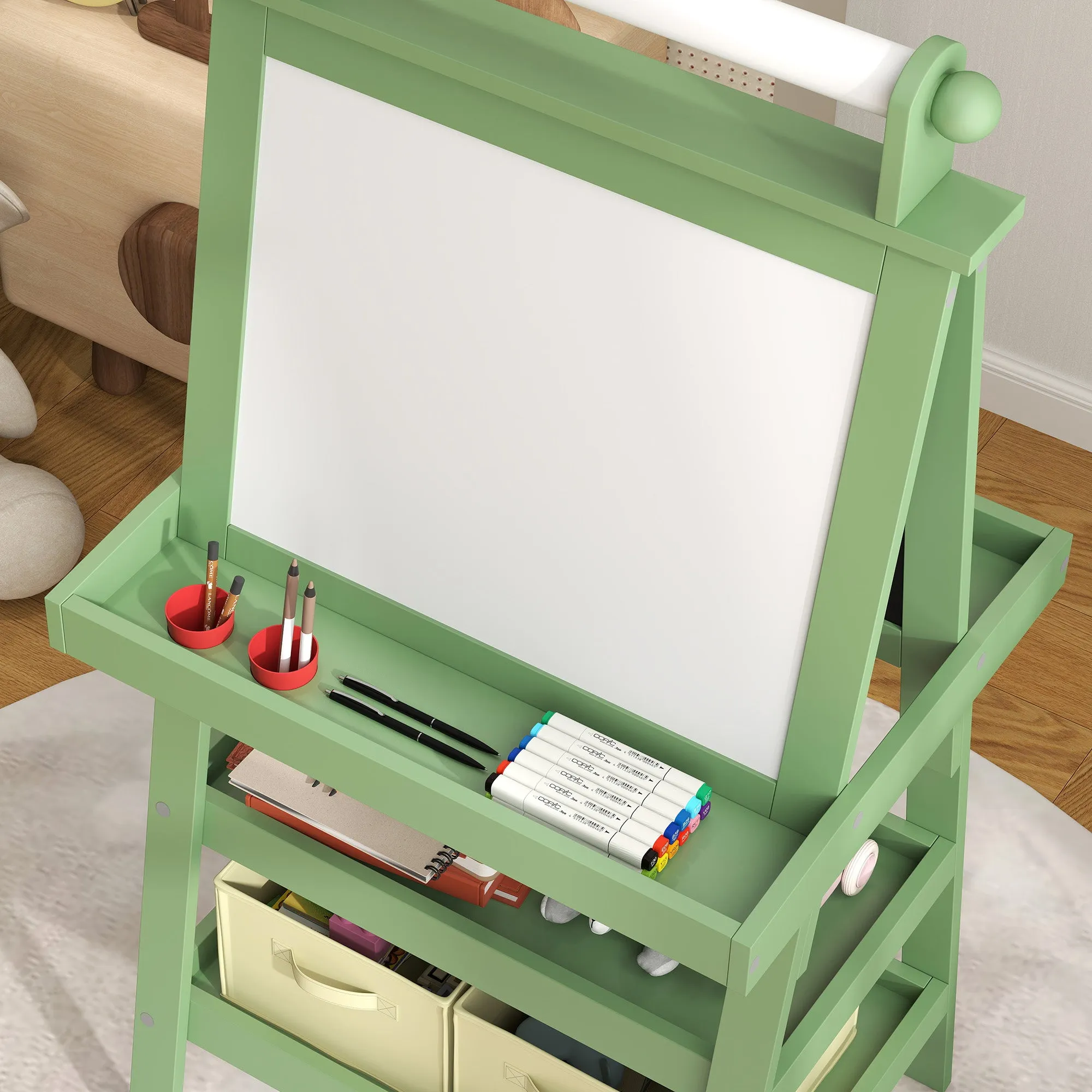 Double-Sided Art Easel for Kids w/ Paper Roll, Storage Baskets Green