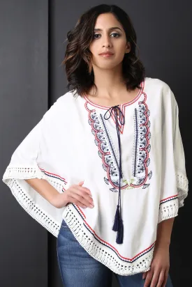 Embroidered Round Neck Tassel-Tie Poncho