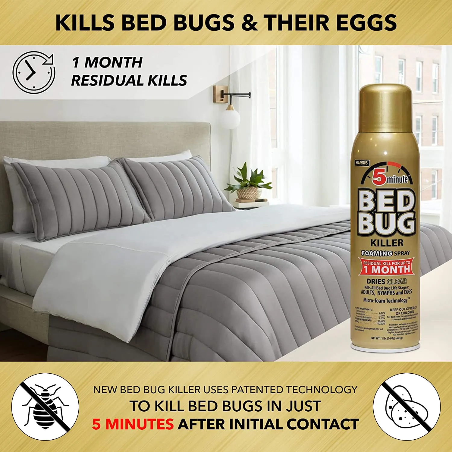 Harris 5 Minute Bed Bug Killer, Foaming Spray (16 oz)