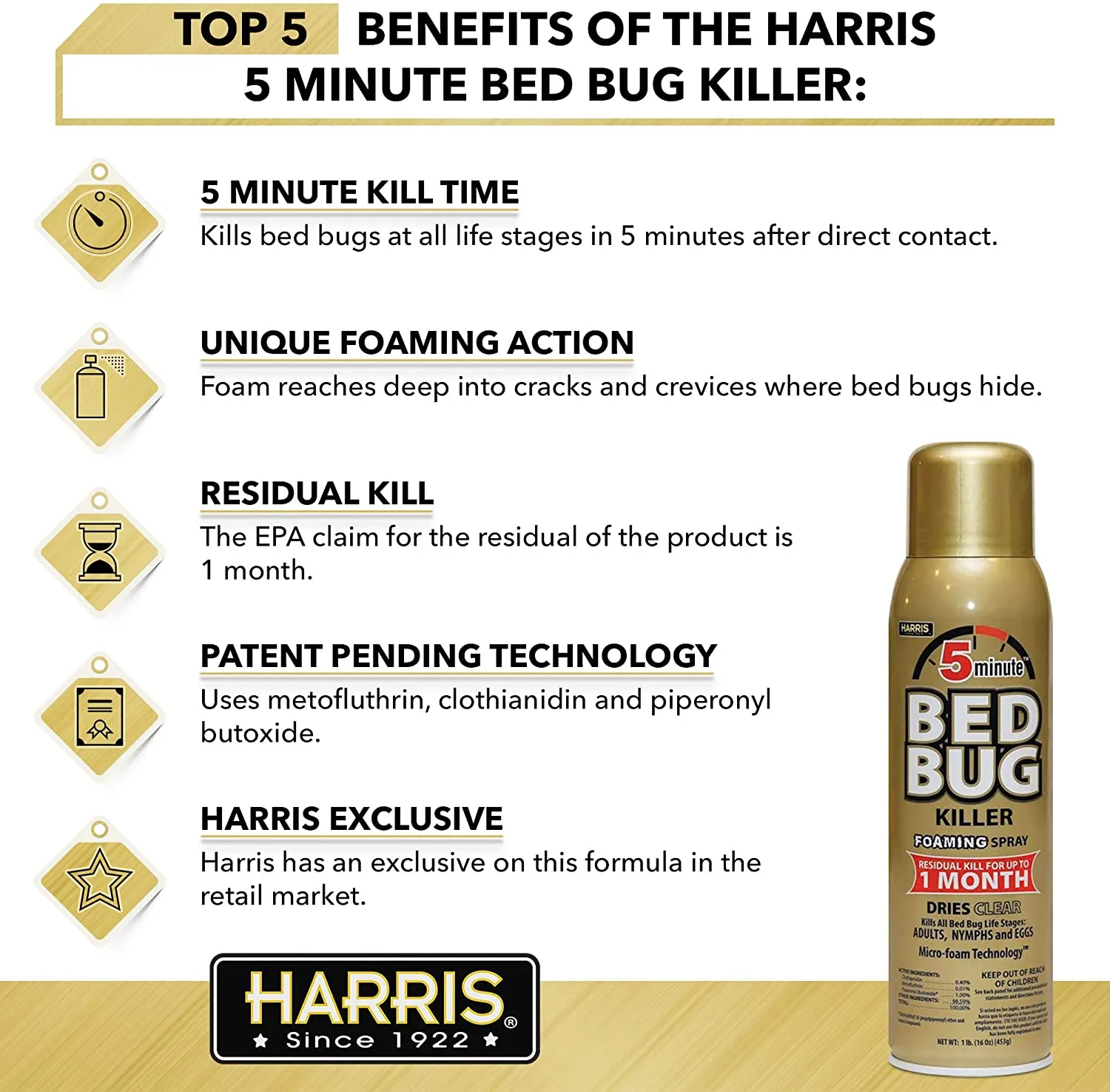 Harris 5 Minute Bed Bug Killer, Foaming Spray (16 oz)