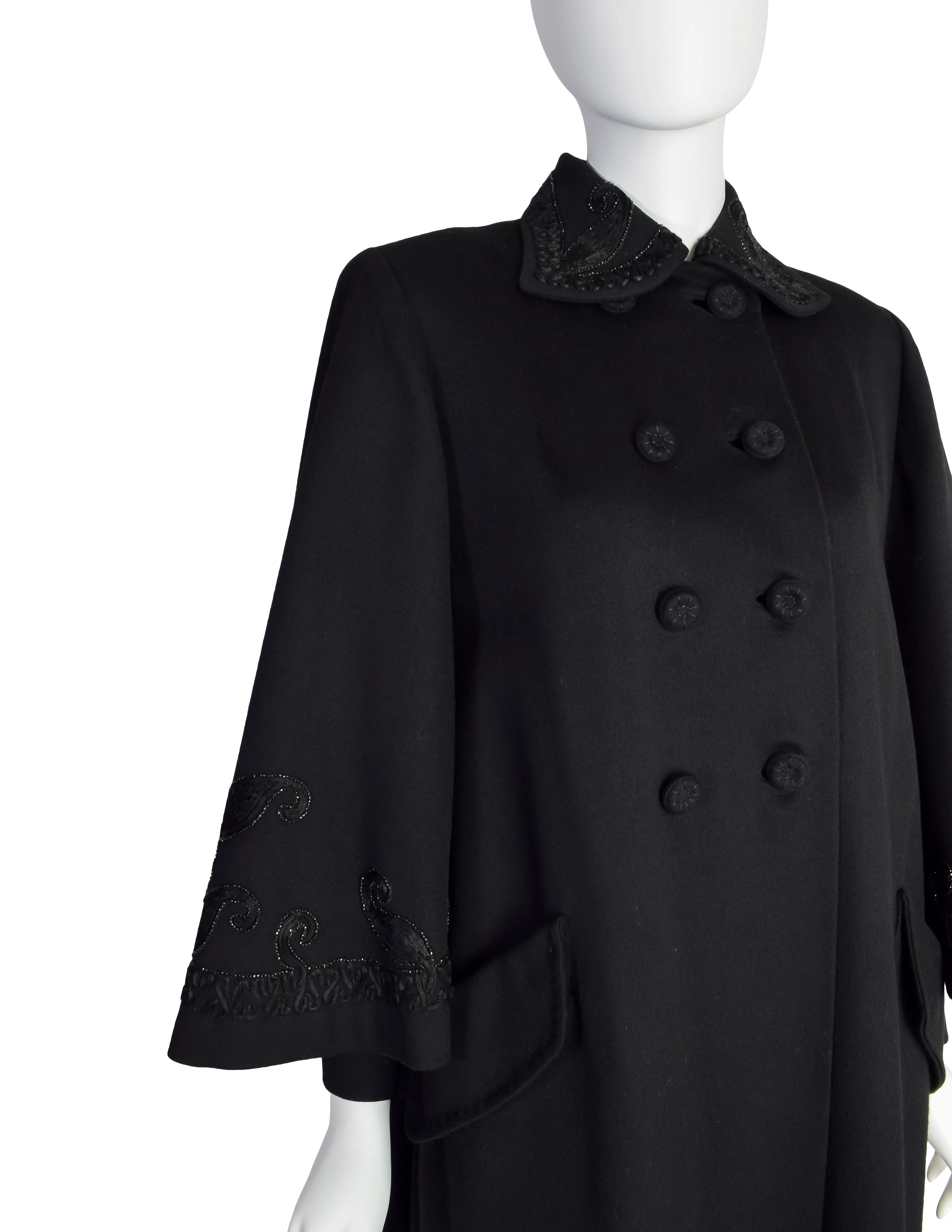 Hartley Vintage 1940s Black Wool Embellished Double Breasted Coat