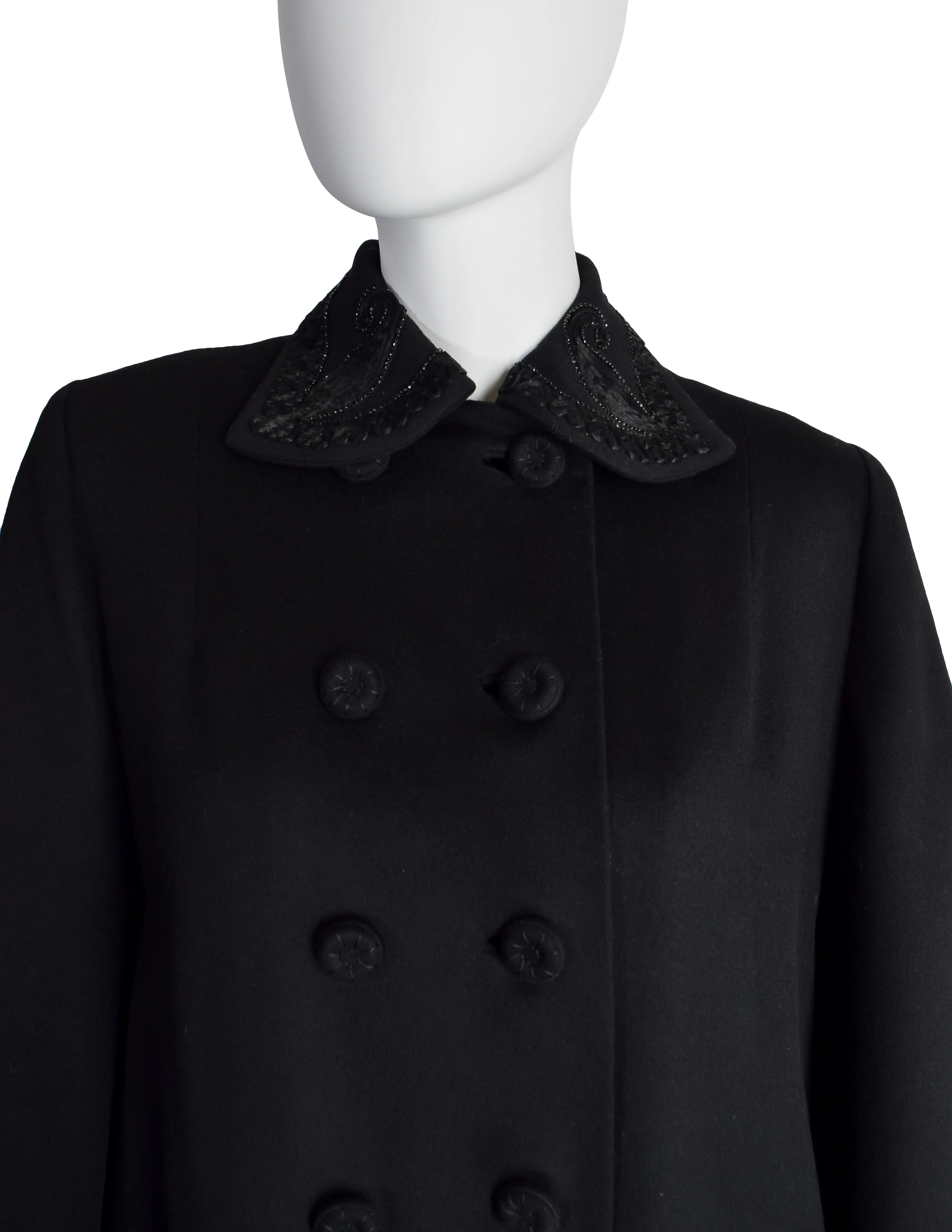 Hartley Vintage 1940s Black Wool Embellished Double Breasted Coat