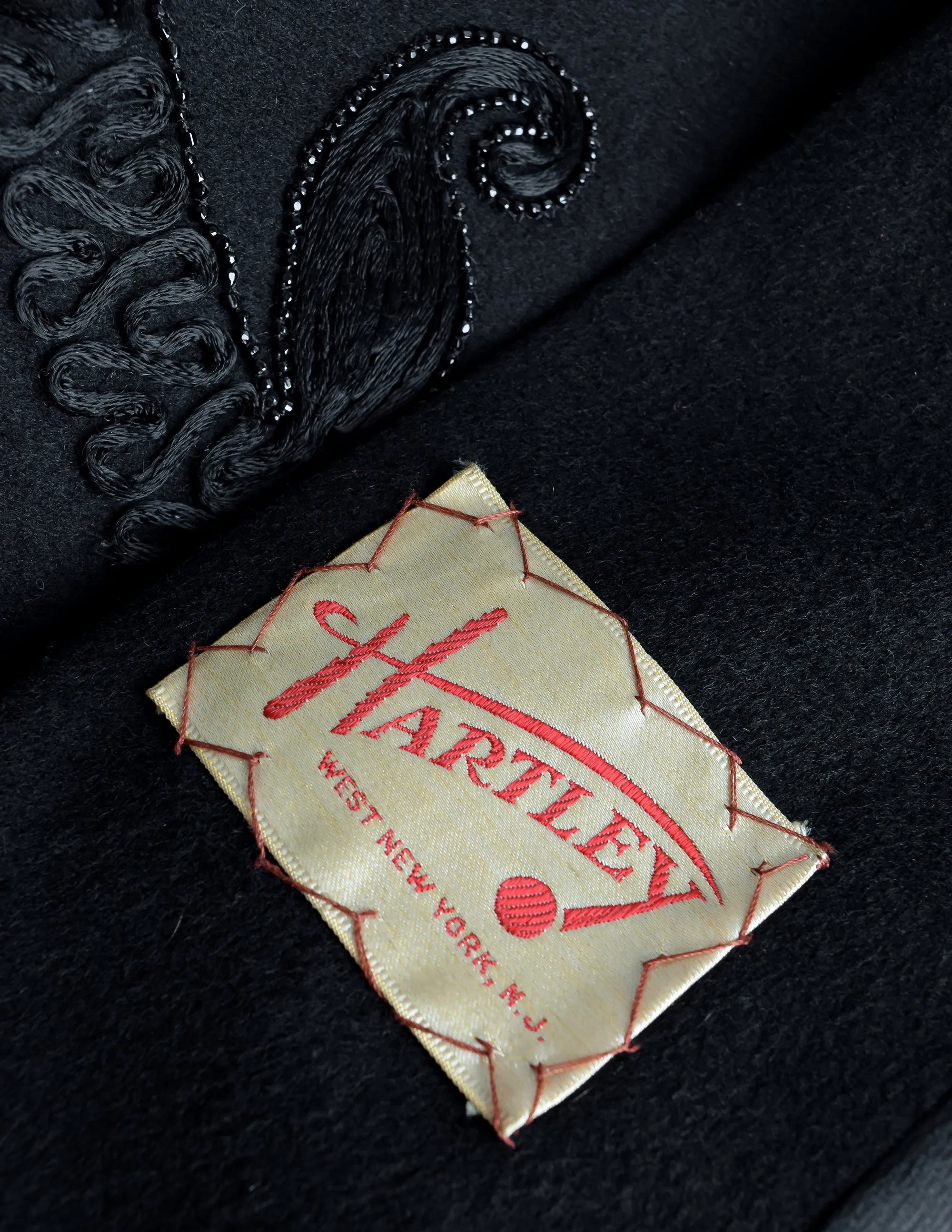 Hartley Vintage 1940s Black Wool Embellished Double Breasted Coat