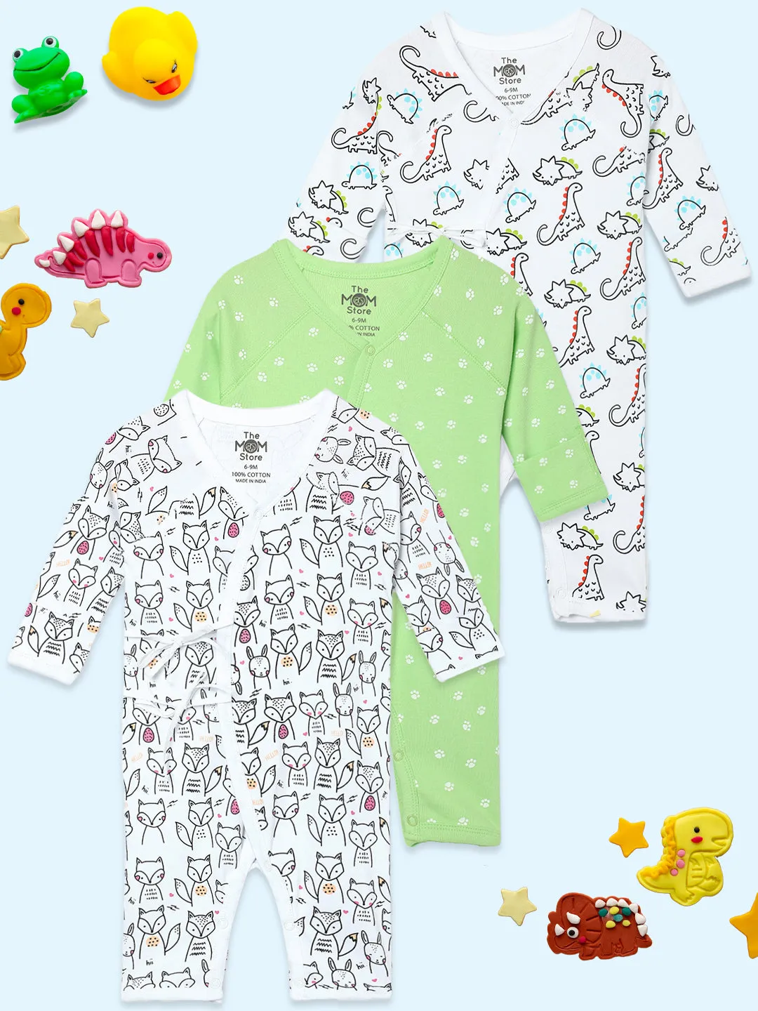 Jabla Infant Romper Combo Of 3: Dinos On The Round- Foxier Than The Fox-Staying Pawsitive