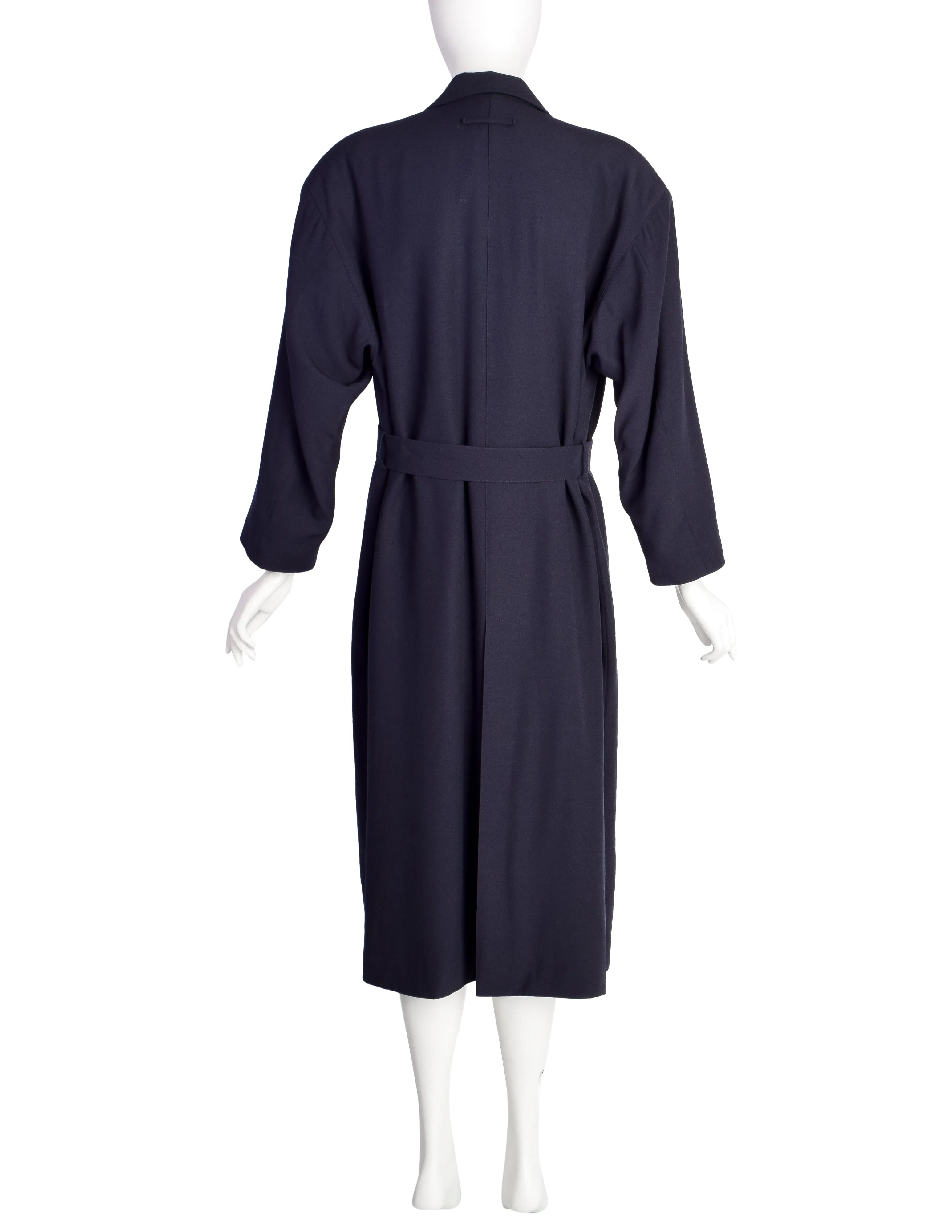 Jean Paul Gaultier Vintage Early 1980s Dark Blue Wool Gabardine Belted Trench Coat