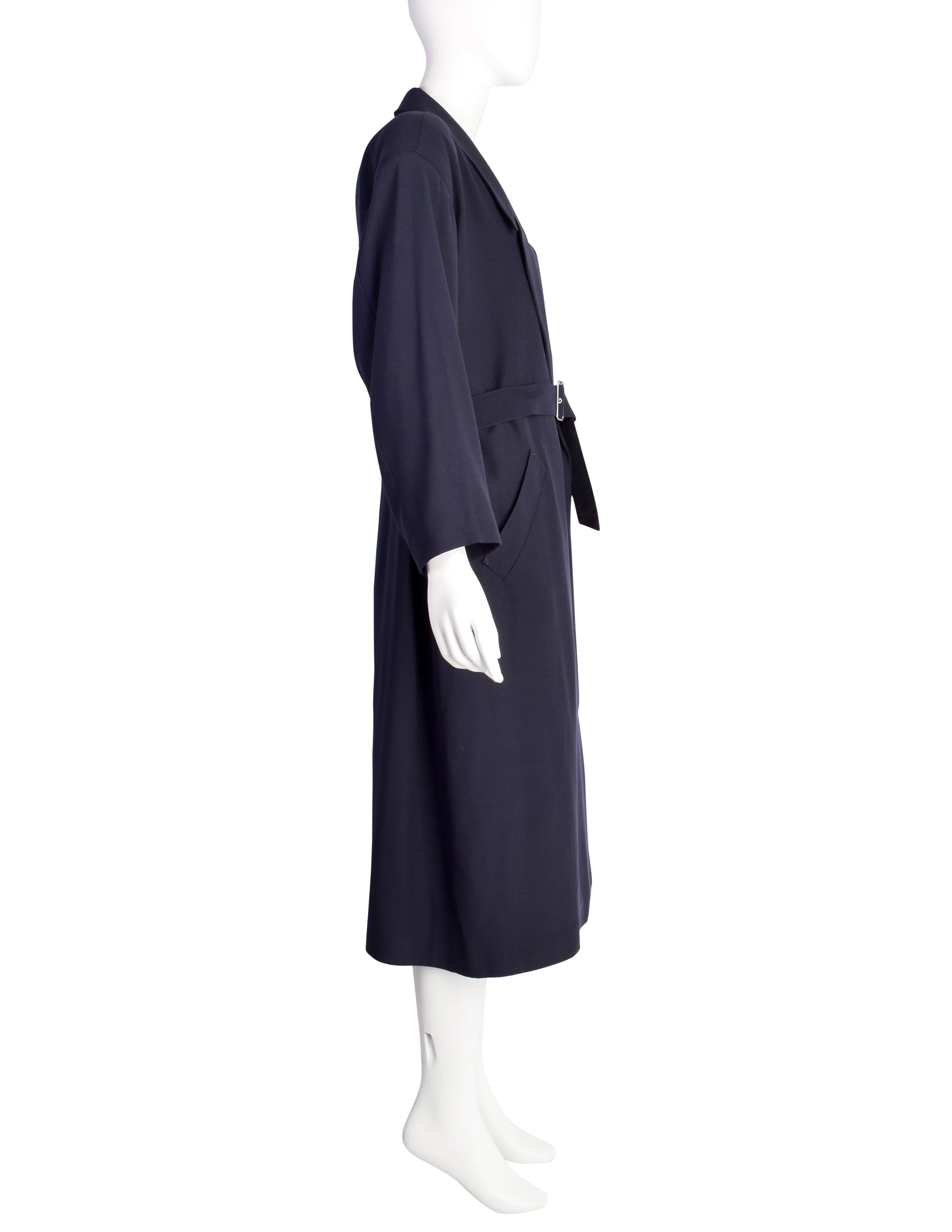 Jean Paul Gaultier Vintage Early 1980s Dark Blue Wool Gabardine Belted Trench Coat