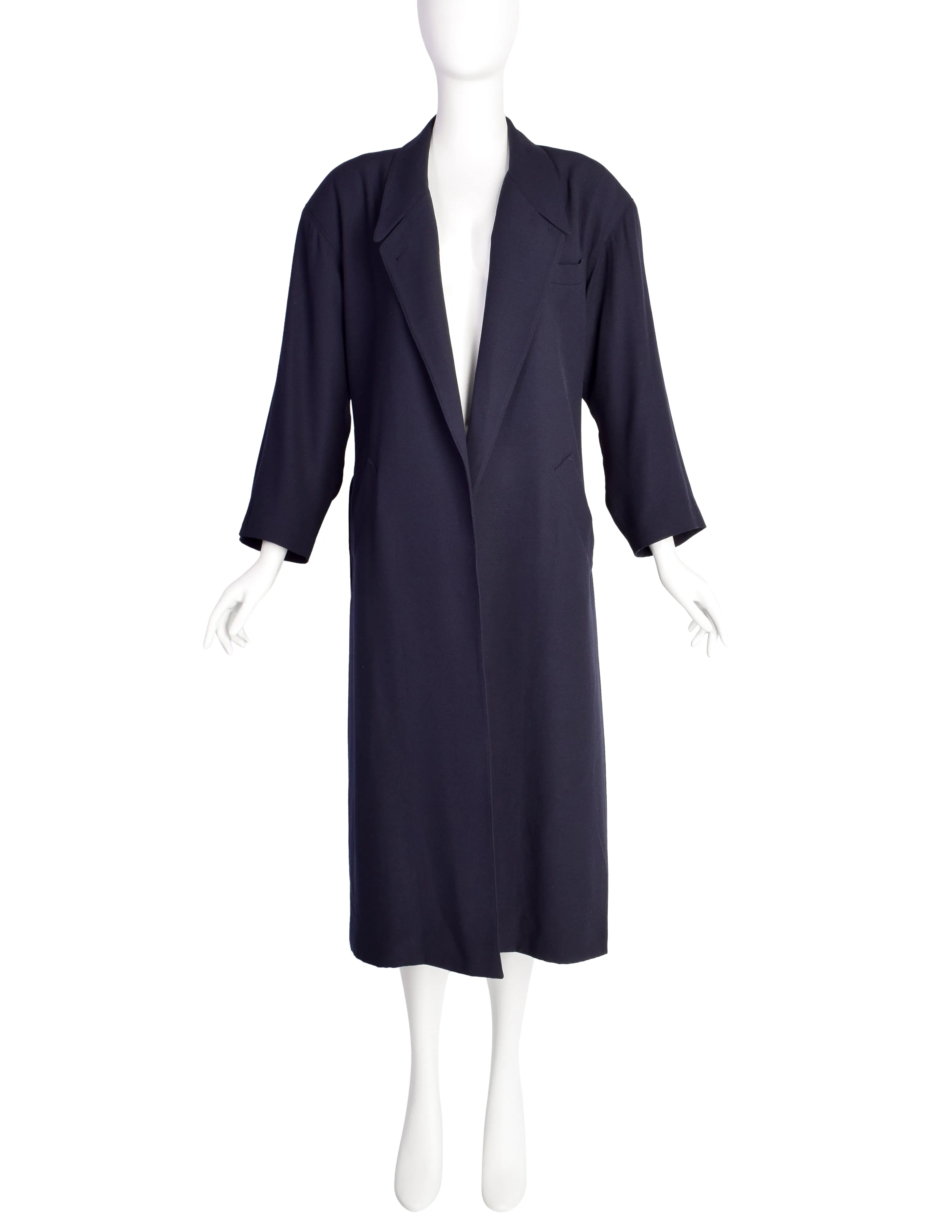 Jean Paul Gaultier Vintage Early 1980s Dark Blue Wool Gabardine Belted Trench Coat