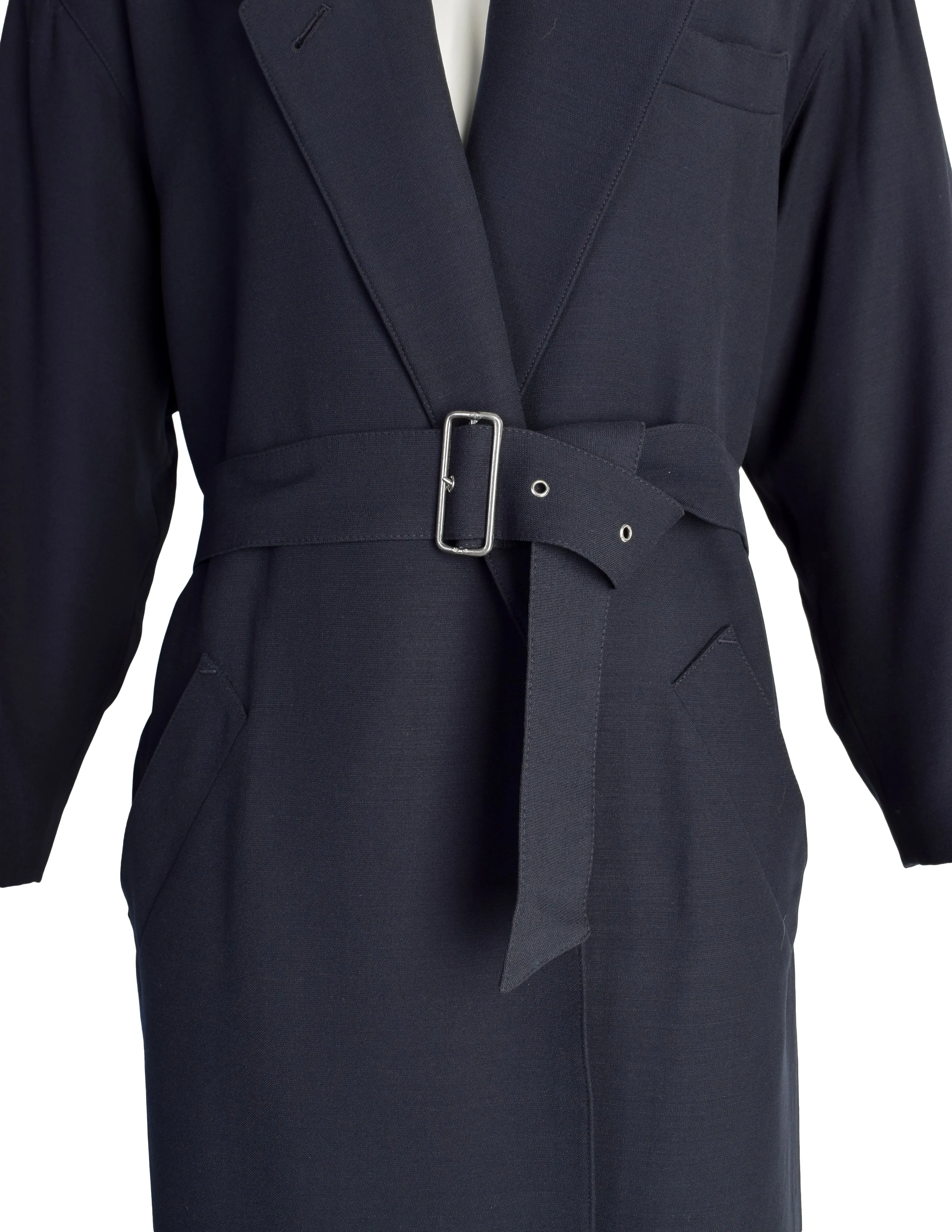 Jean Paul Gaultier Vintage Early 1980s Dark Blue Wool Gabardine Belted Trench Coat