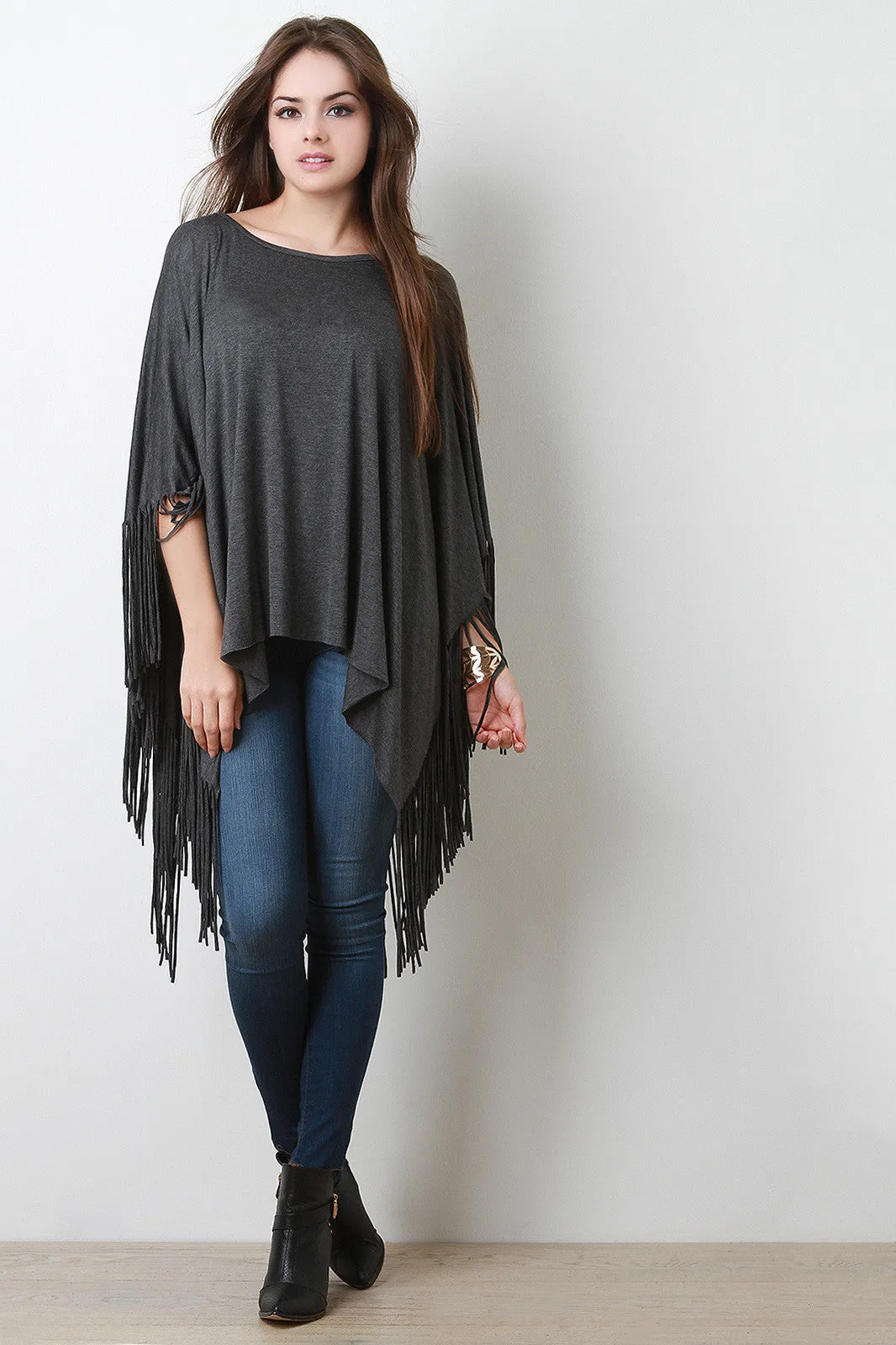 Jersey Knit Fringe Handkerchief Hem Poncho