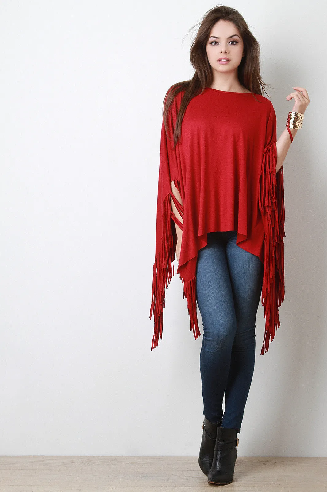 Jersey Knit Fringe Handkerchief Hem Poncho