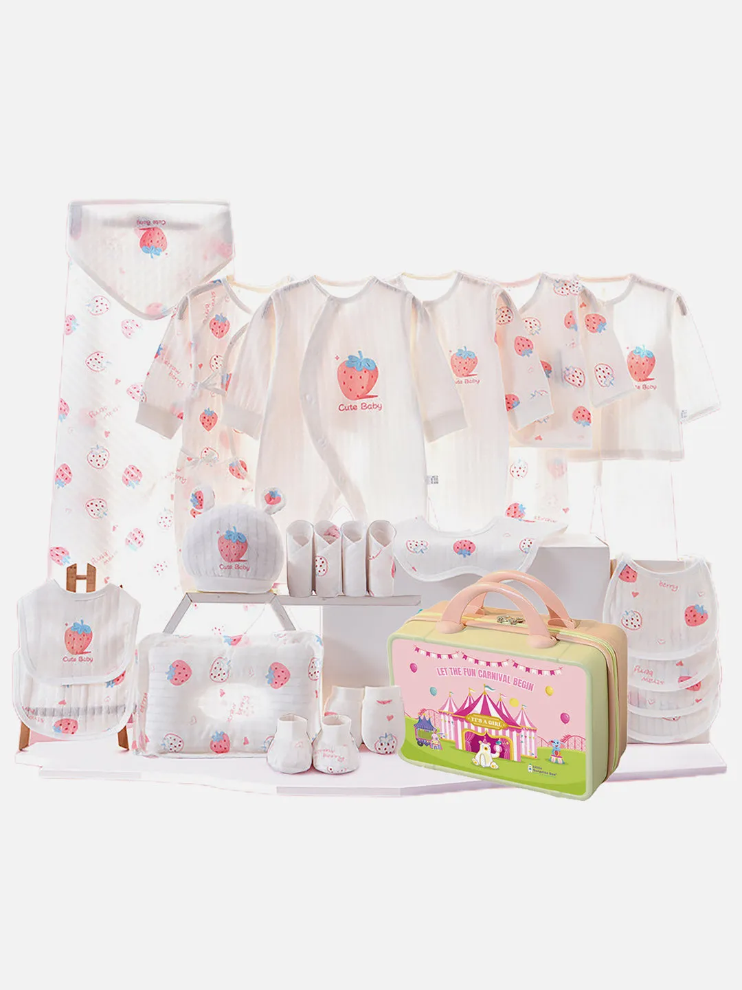 Little Surprise Box 22 Pcs White Strawberry Newborn Baby Girl/ Boy All Season Wear Gift Hamper With Suitcase