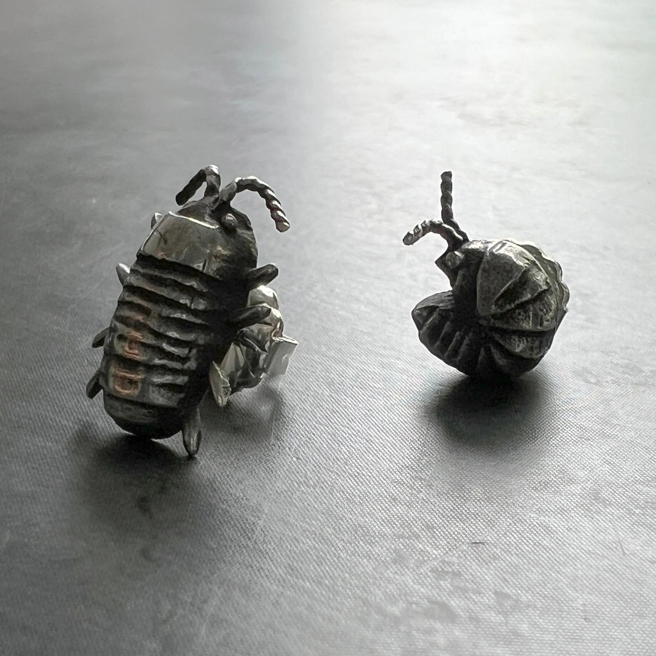 Mismatched Handmade Sterling Silver Isopod Stud Earrings — Also Available in Brass or Bronze!