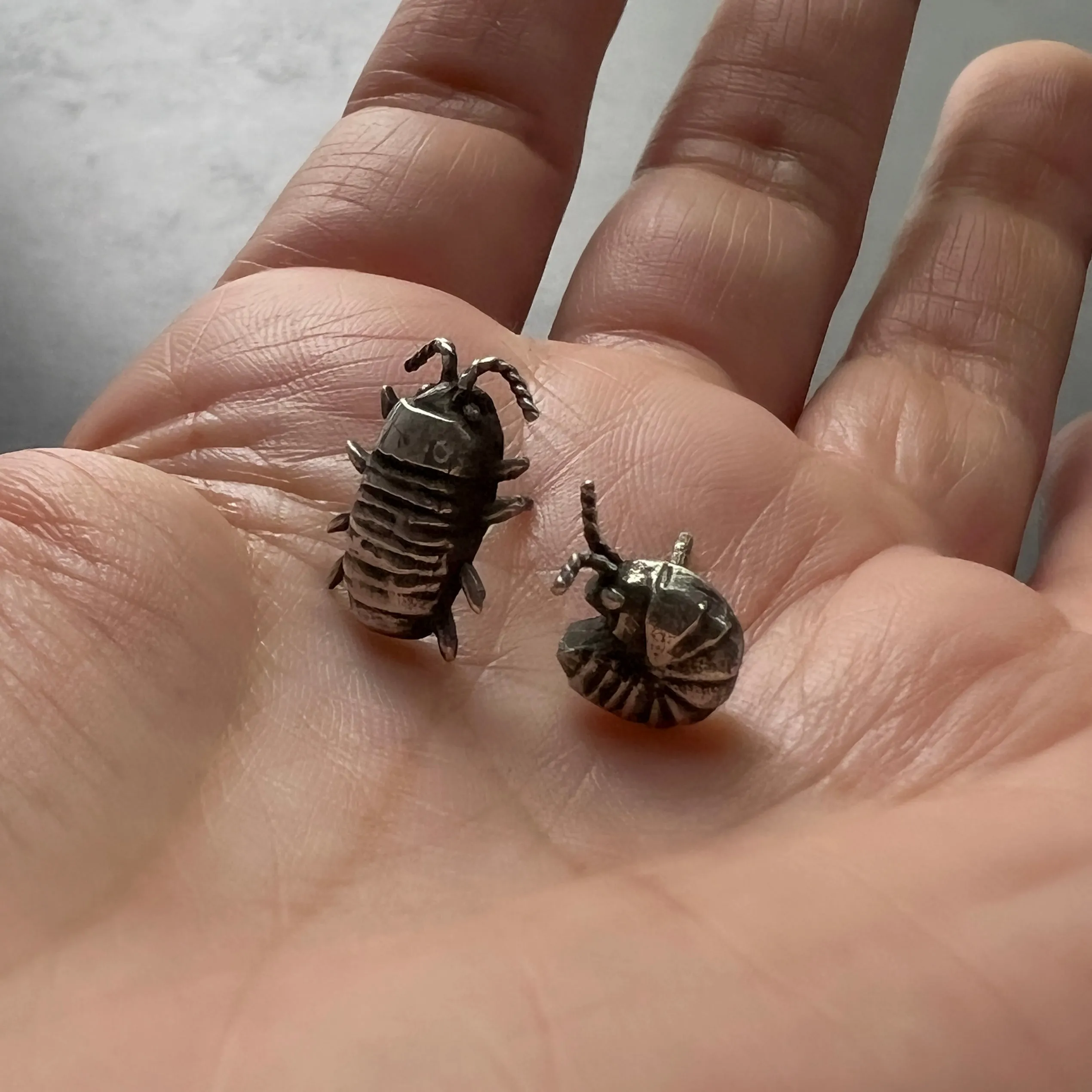 Mismatched Handmade Sterling Silver Isopod Stud Earrings — Also Available in Brass or Bronze!