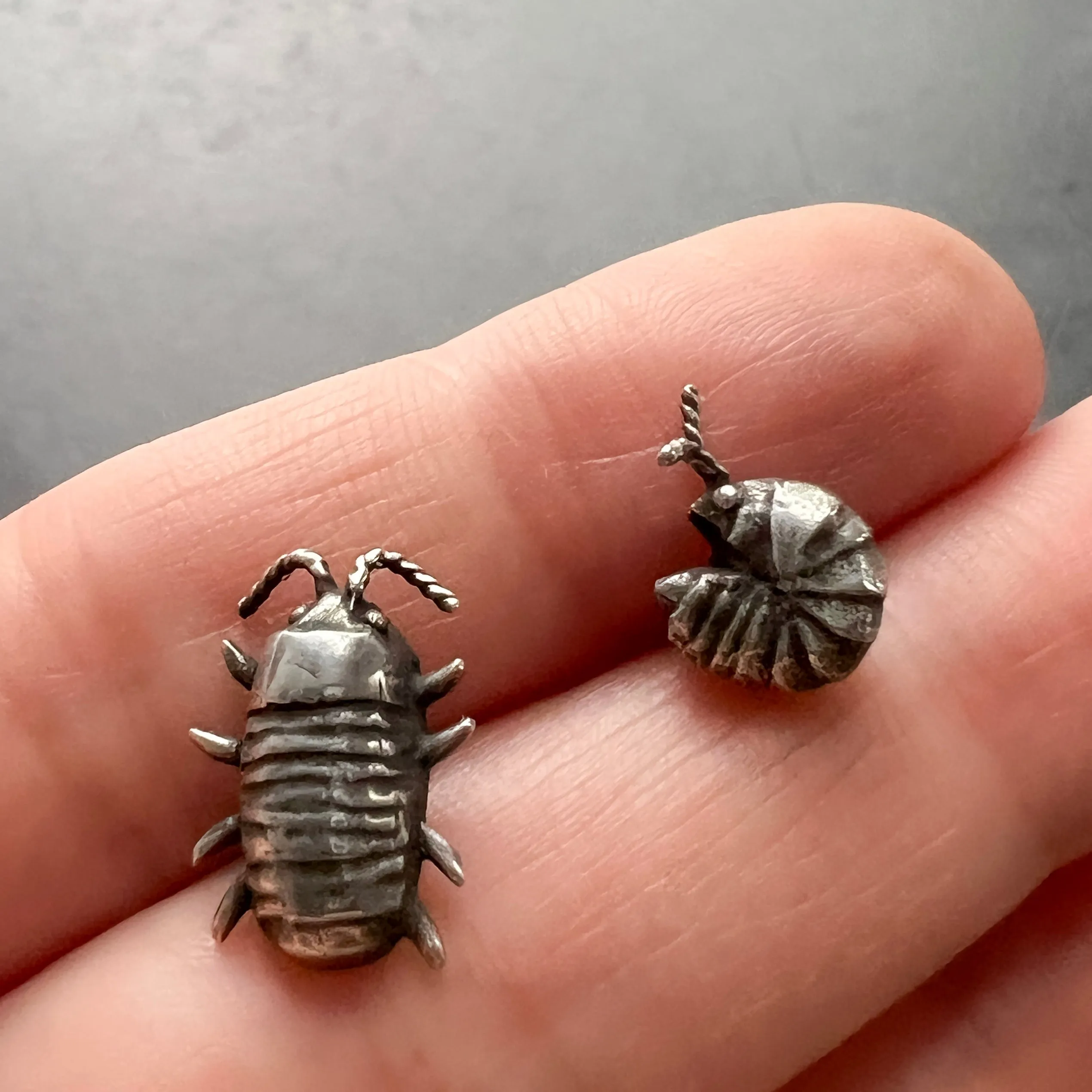 Mismatched Handmade Sterling Silver Isopod Stud Earrings — Also Available in Brass or Bronze!