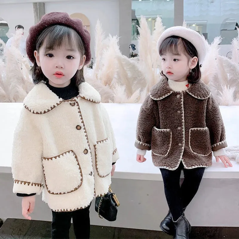 Plush Girls Coat Spring Autumn Lambswool Children's Outerwear New Fashion Korean Version Kids Jacket 1-7 Years Baby Girl Clothes