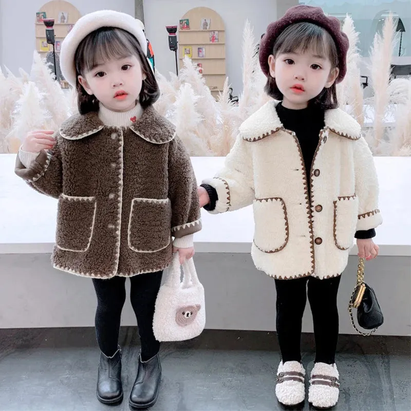 Plush Girls Coat Spring Autumn Lambswool Children's Outerwear New Fashion Korean Version Kids Jacket 1-7 Years Baby Girl Clothes