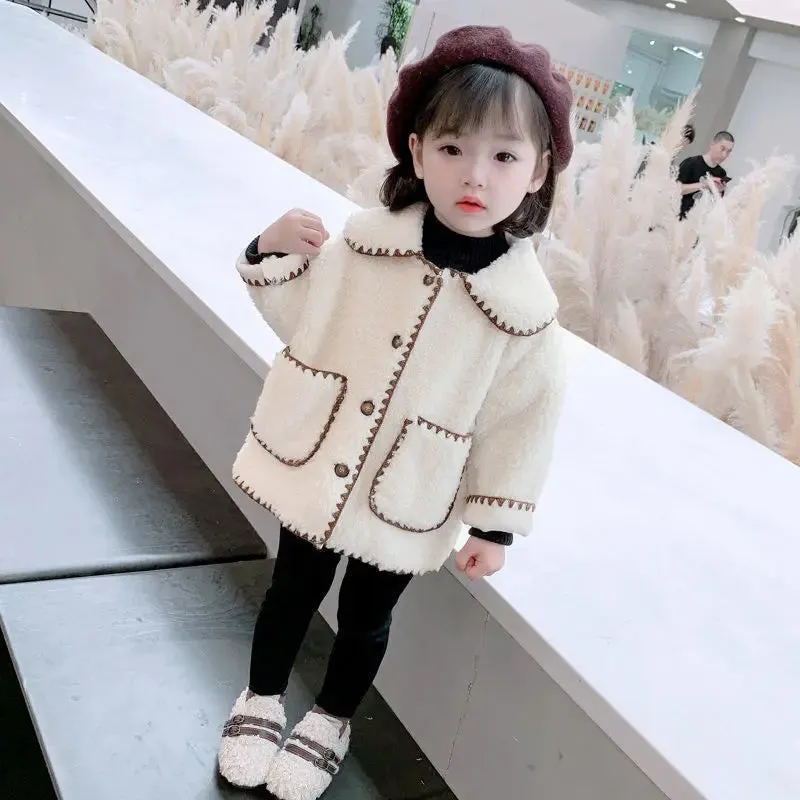 Plush Girls Coat Spring Autumn Lambswool Children's Outerwear New Fashion Korean Version Kids Jacket 1-7 Years Baby Girl Clothes