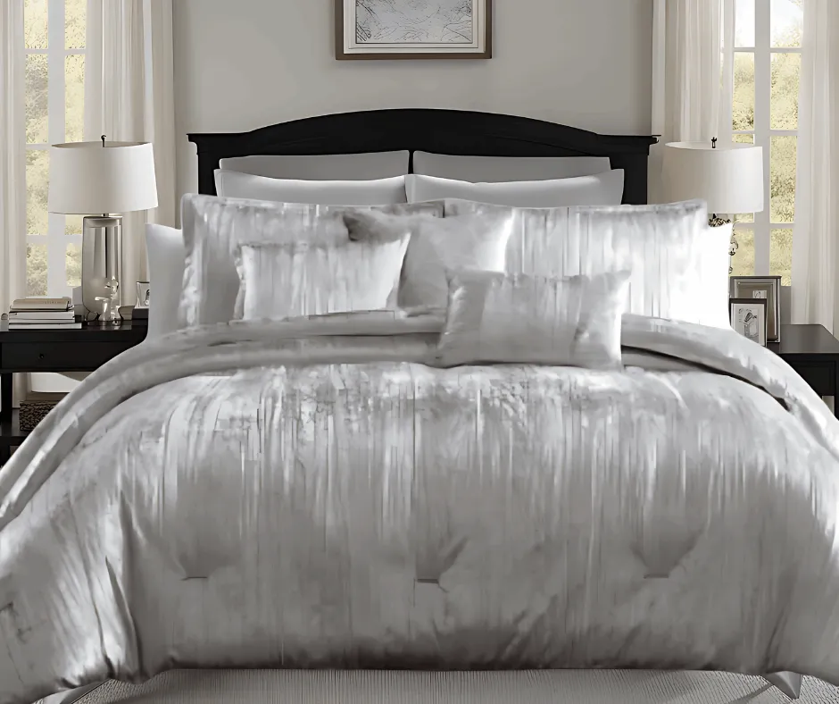 Queen 7 Piece Comforter Set With Crinkle Texture, Silver