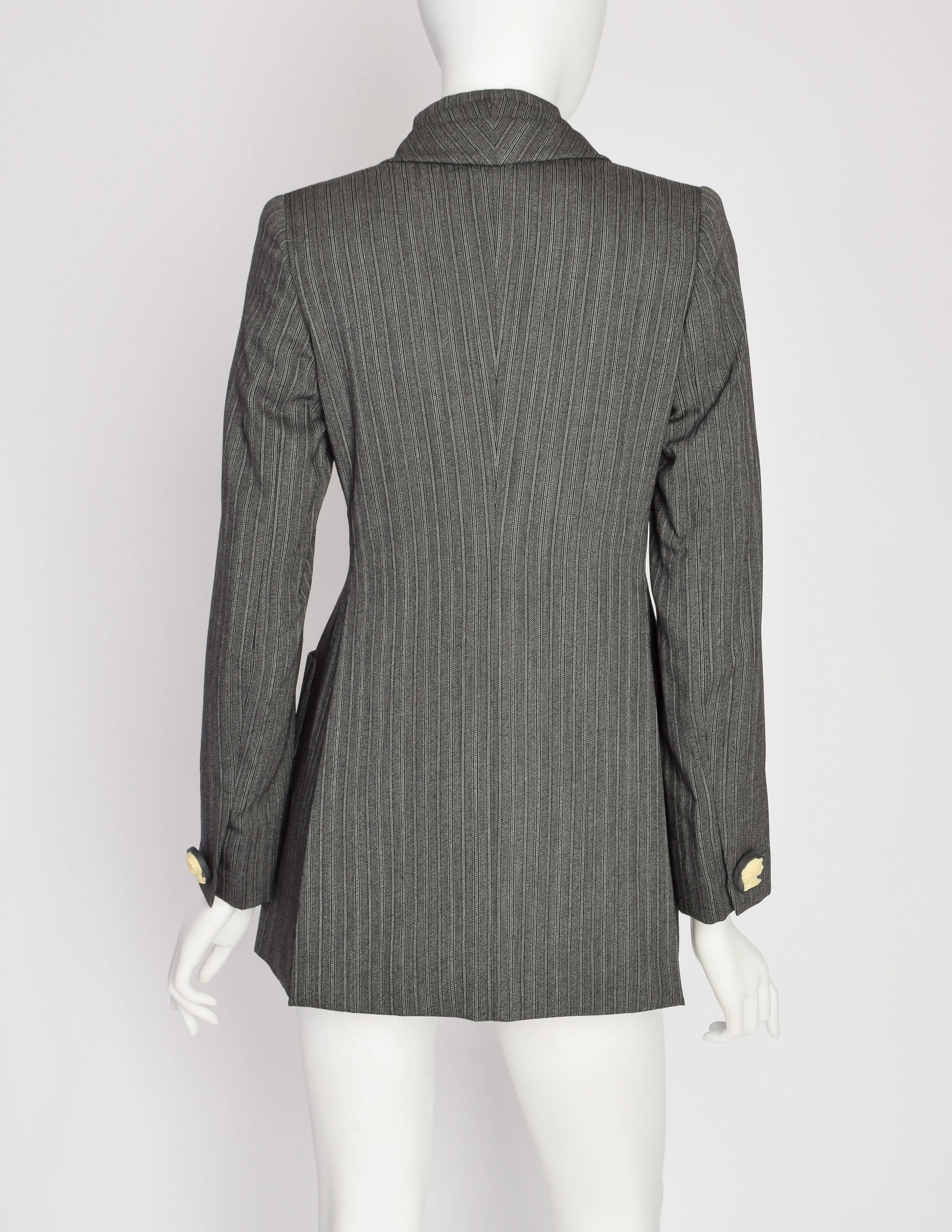 Romeo Gigli Vintage 1995 Grey Morning Stripe Gathered Collar Cameo Button Wool Blazer Jacket