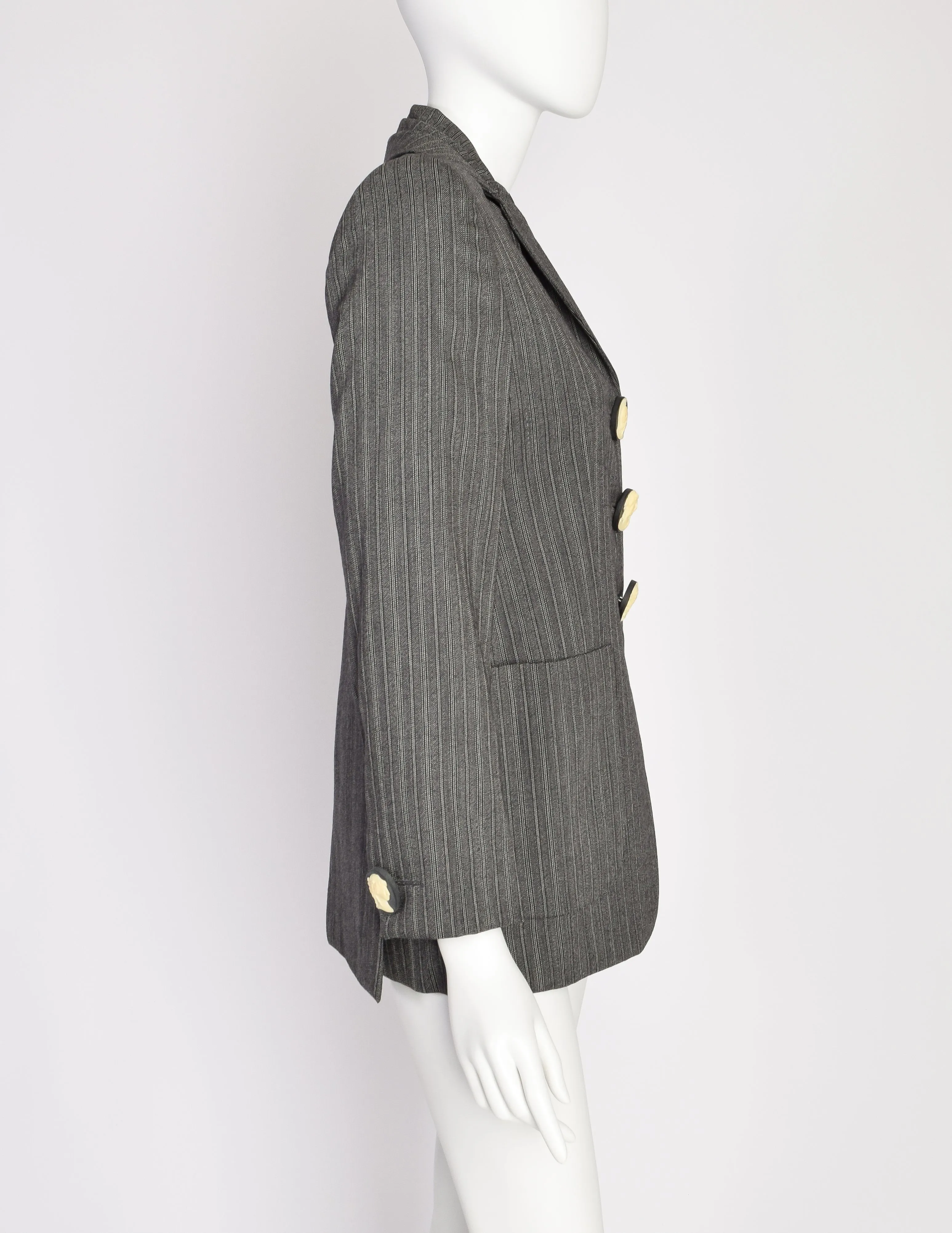 Romeo Gigli Vintage 1995 Grey Morning Stripe Gathered Collar Cameo Button Wool Blazer Jacket