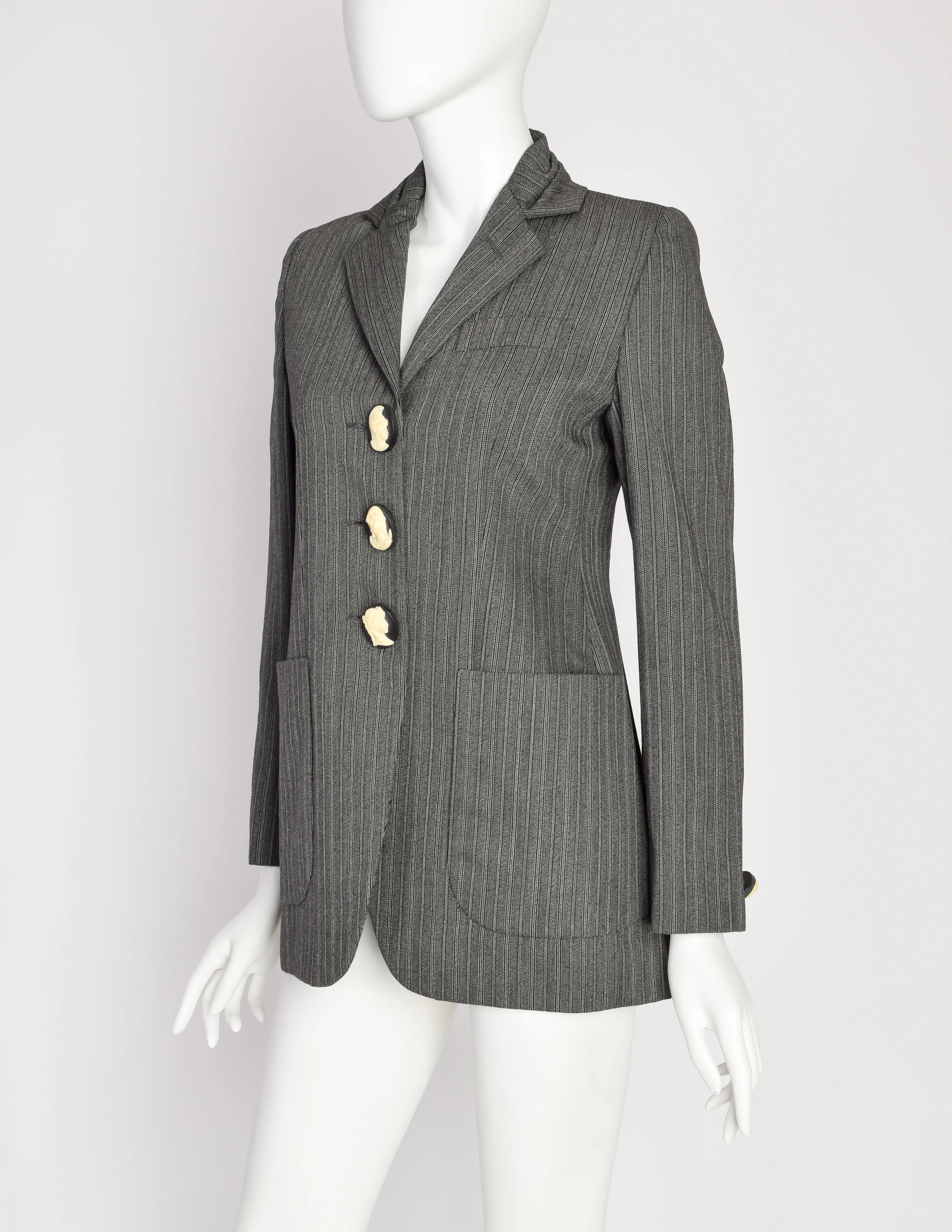 Romeo Gigli Vintage 1995 Grey Morning Stripe Gathered Collar Cameo Button Wool Blazer Jacket