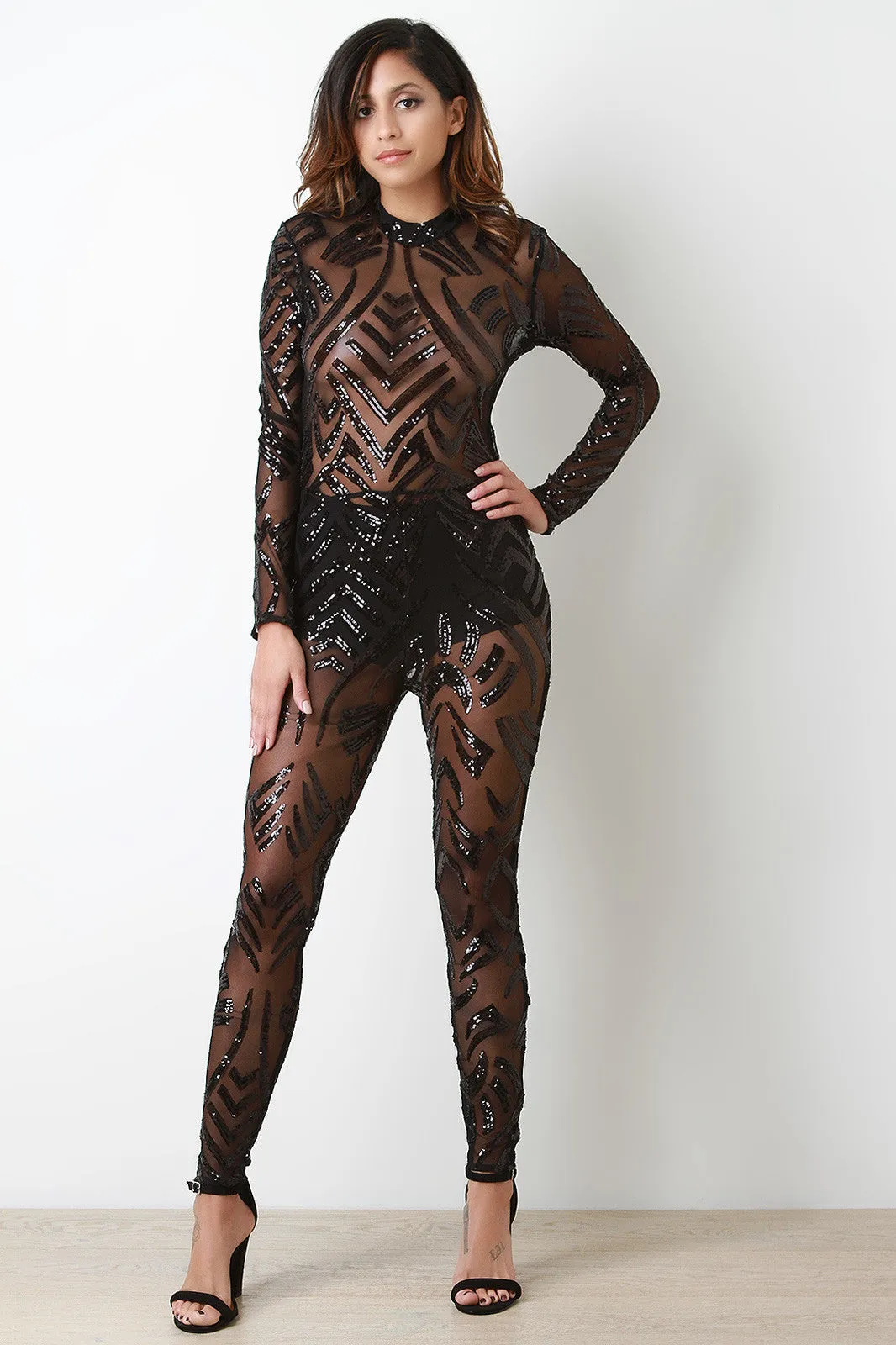 Semi-Sheer Abstract Sequin Jumpsuit