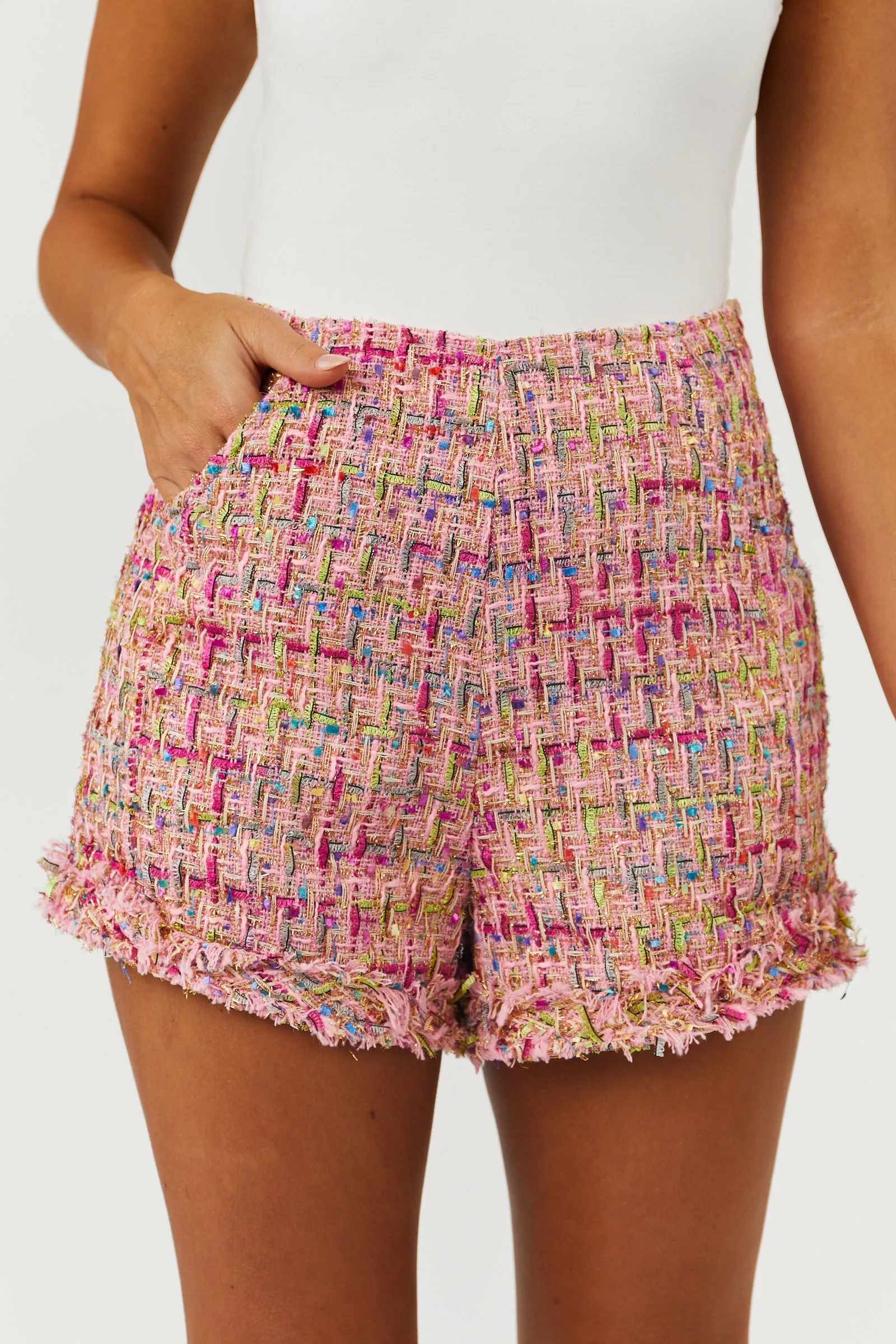 She Sky Baby Pink High Waisted Tweed Shorts