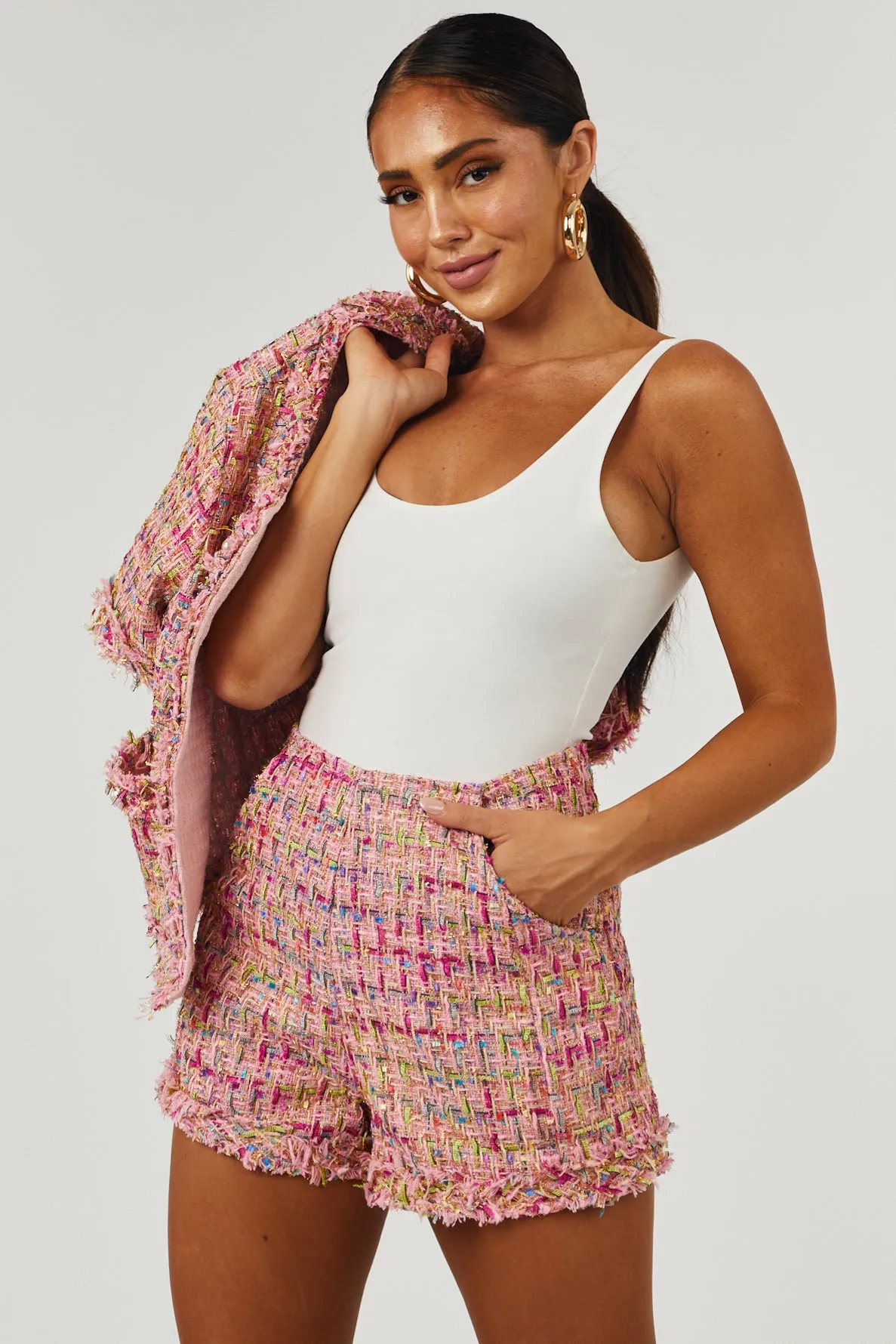 She Sky Baby Pink High Waisted Tweed Shorts