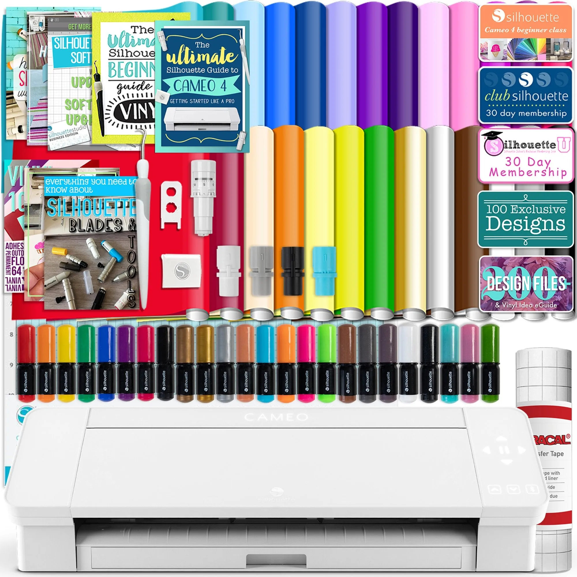 Silhouette White Cameo 4 w/ 26 Oracal Glossy Sheets, Guides, 24 Sketch Pens, and More