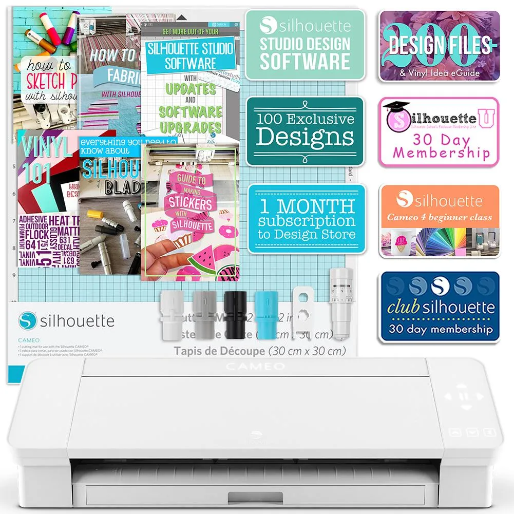 Silhouette White Cameo 4 w/ 26 Oracal Glossy Sheets, Guides, 24 Sketch Pens, and More