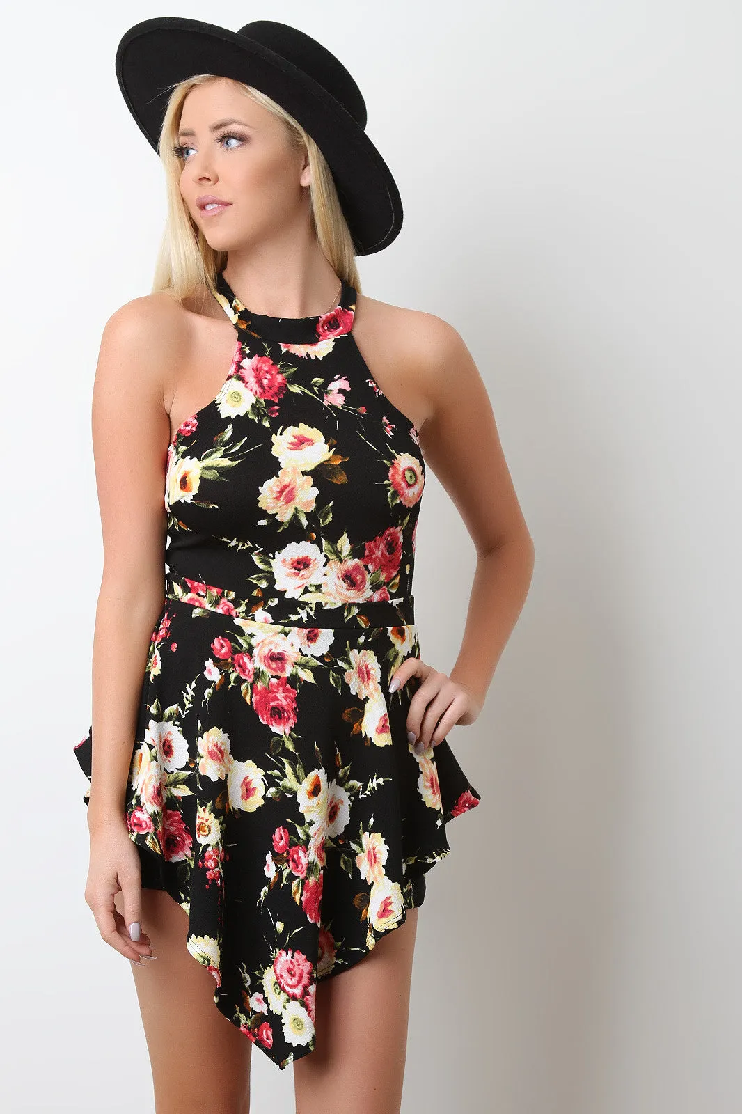 Sleeveless Floral Asymmetrical Skort Romper