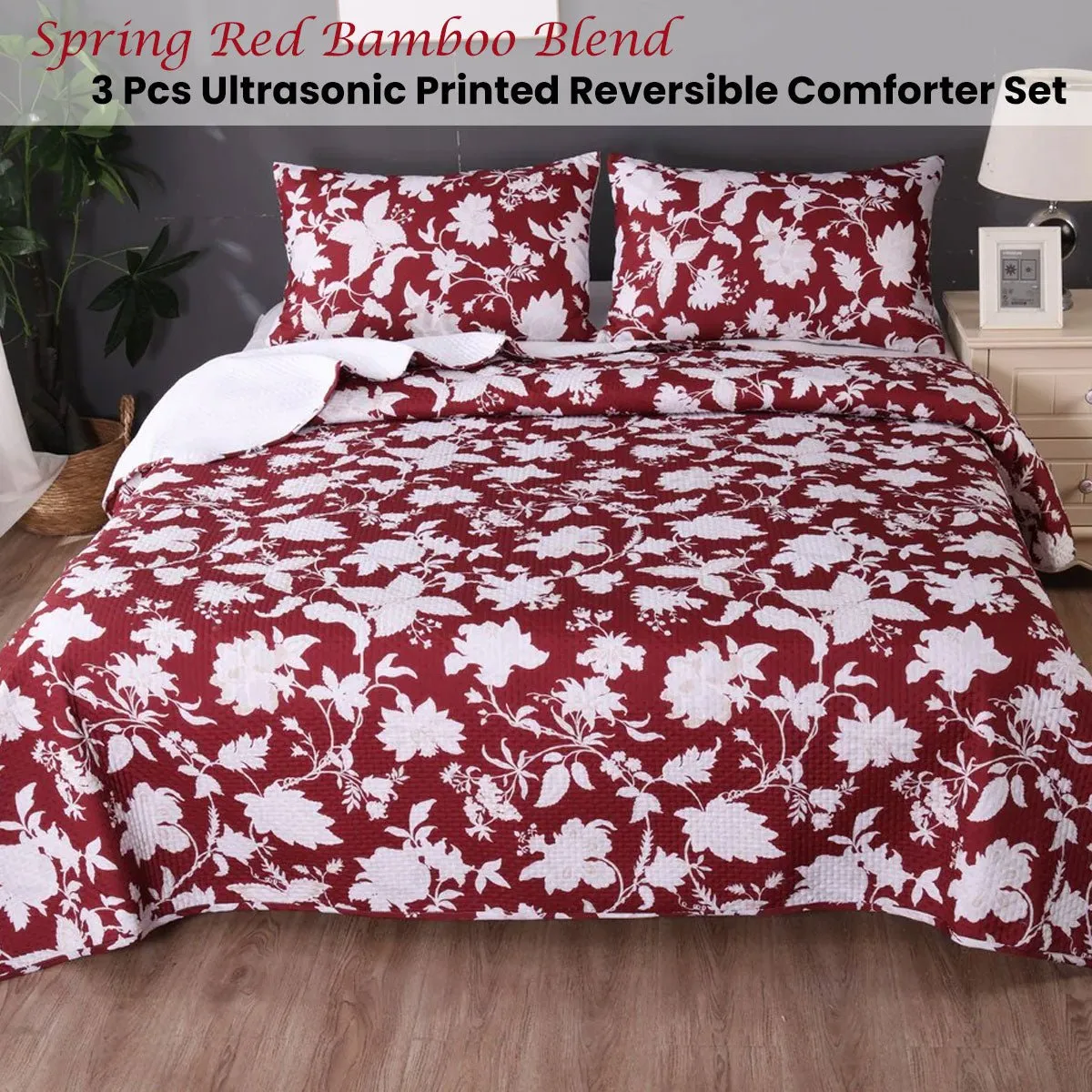 Spring Red 3 Pcs Bamboo Blend Ultrosonic Reversible Comforter Set King